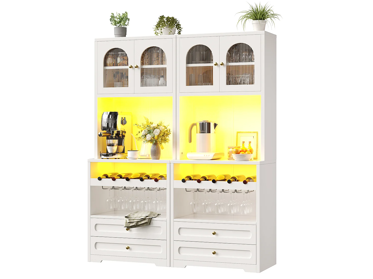 Set of 2 tall sideboards with 4 curved glass doors, 4 drawers, LED lighting and wine rack - MDF and metal - 140 × 40 × 180 cm - White