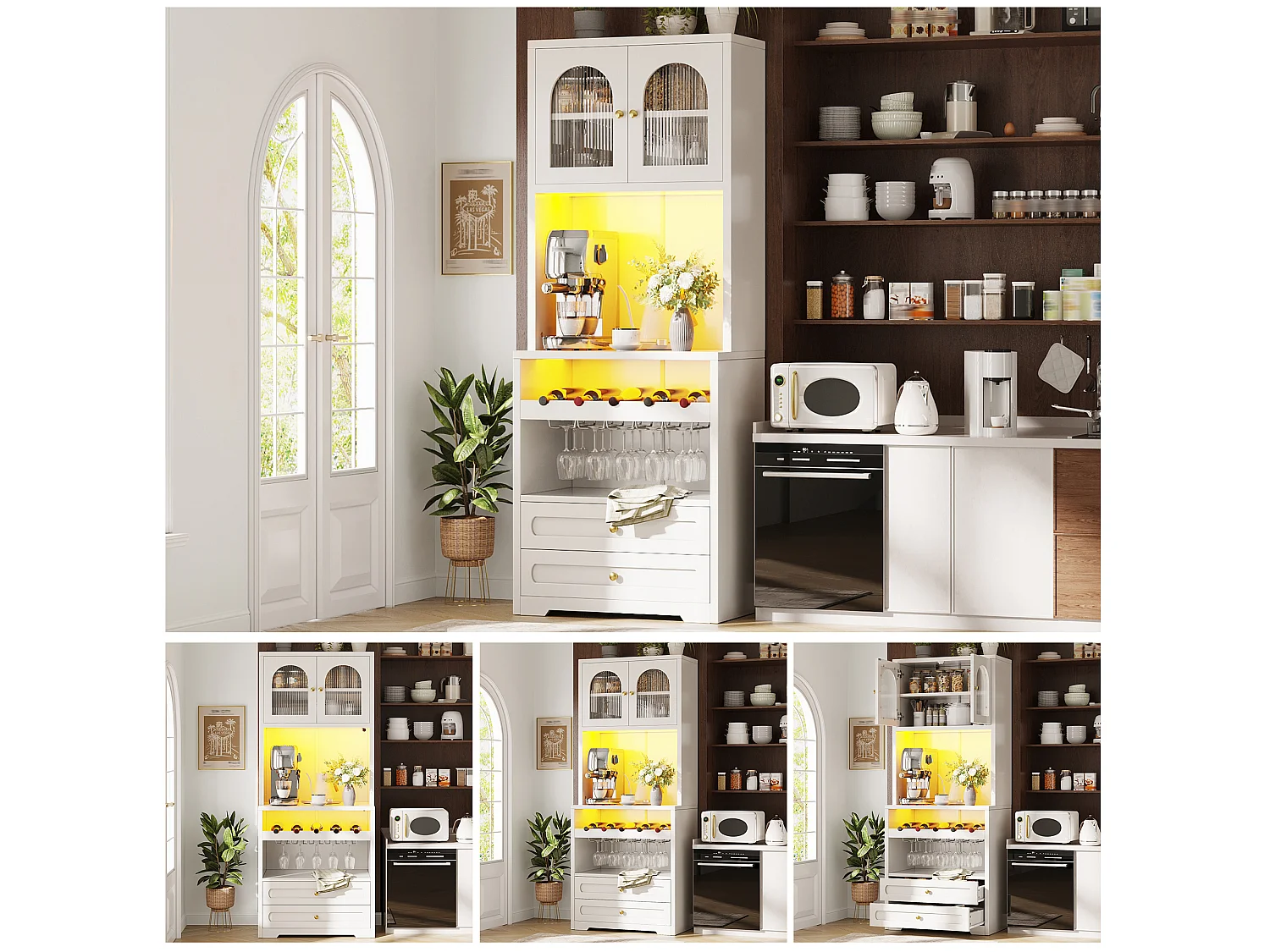 Set of 2 tall sideboards with 4 curved glass doors, 4 drawers, LED lighting and wine rack - MDF and metal - 140 × 40 × 180 cm - White