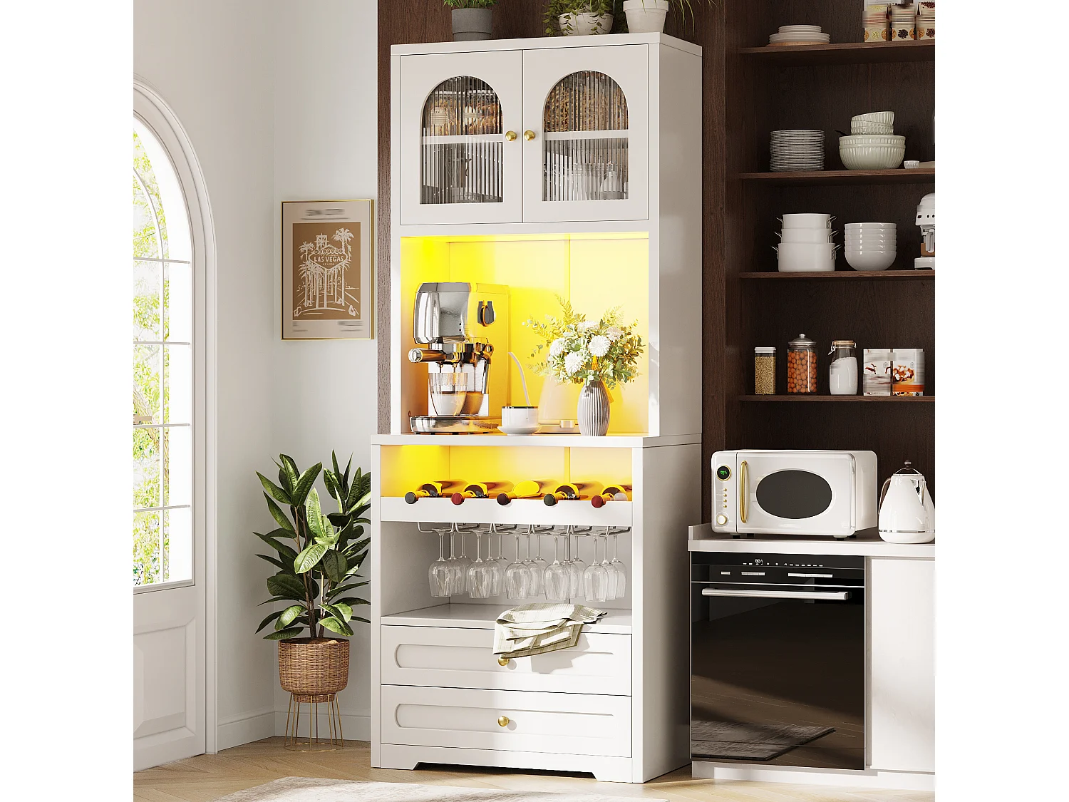 Set of 2 tall sideboards with 4 curved glass doors, 4 drawers, LED lighting and wine rack - MDF and metal - 140 × 40 × 180 cm - White