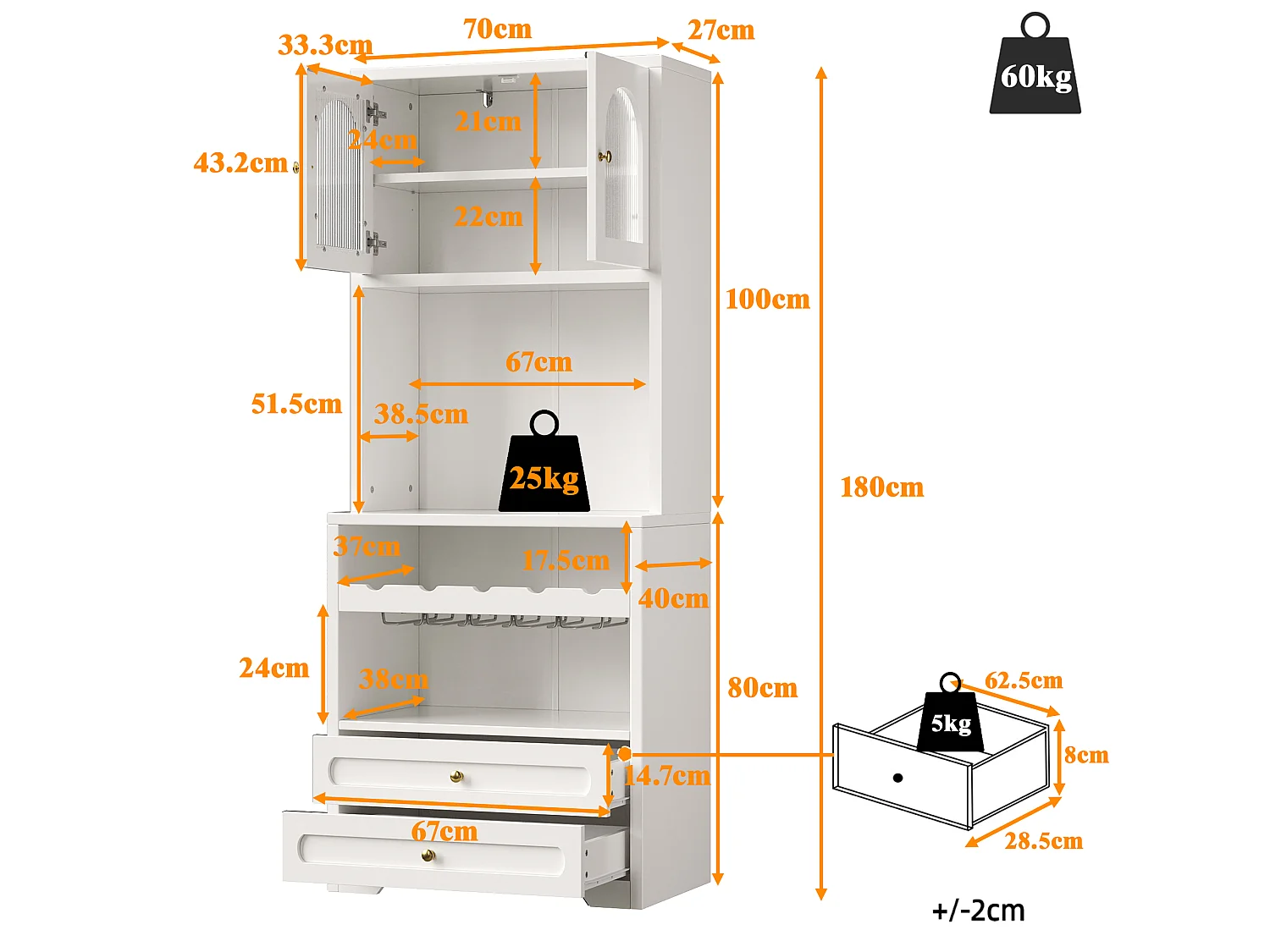 Set of 2 tall sideboards with 4 curved glass doors, 4 drawers, LED lighting and wine rack - MDF and metal - 140 × 40 × 180 cm - White