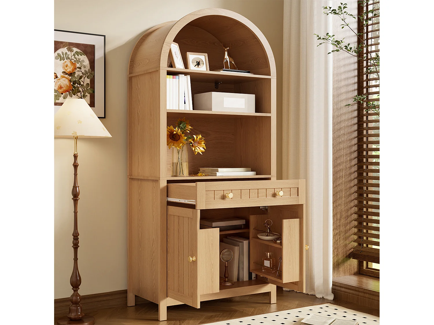 High kitchen sideboard with 2 arched acrylic doors, open bar, 1 drawer and LED lighting - MDF - 106 × 30 × 175 cm - White