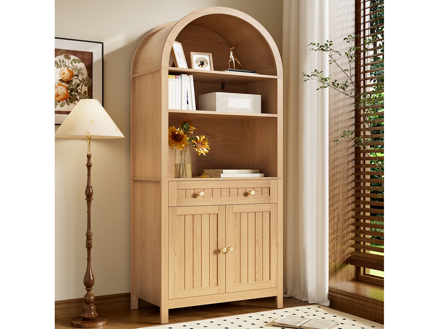 High kitchen sideboard with 2 arched acrylic doors, open bar, 1 drawer and LED lighting - MDF - 106 × 30 × 175 cm - White