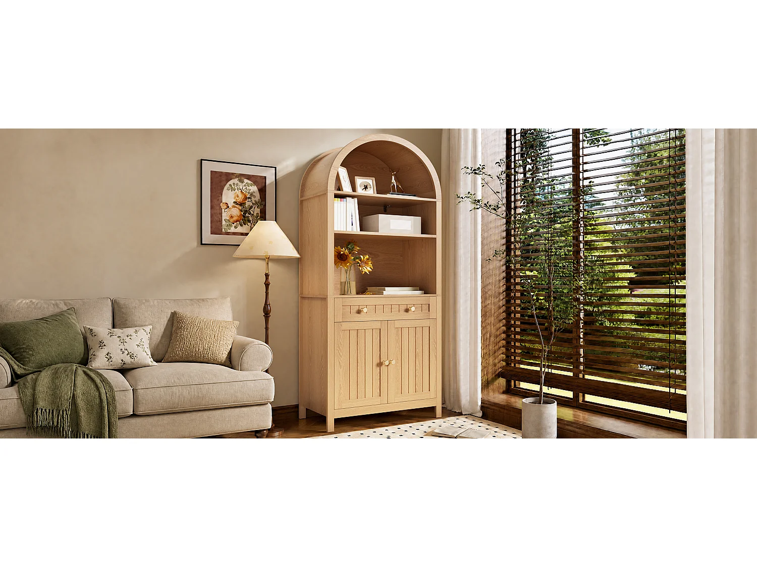 High kitchen sideboard with 2 arched acrylic doors, open bar, 1 drawer and LED lighting - MDF - 106 × 30 × 175 cm - White