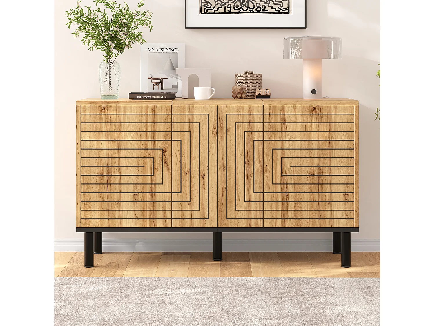 Three-door push-to-open sideboard with six storage compartments and a wavy pattern - MDF - 120 × 35 × 68 cm - Wood