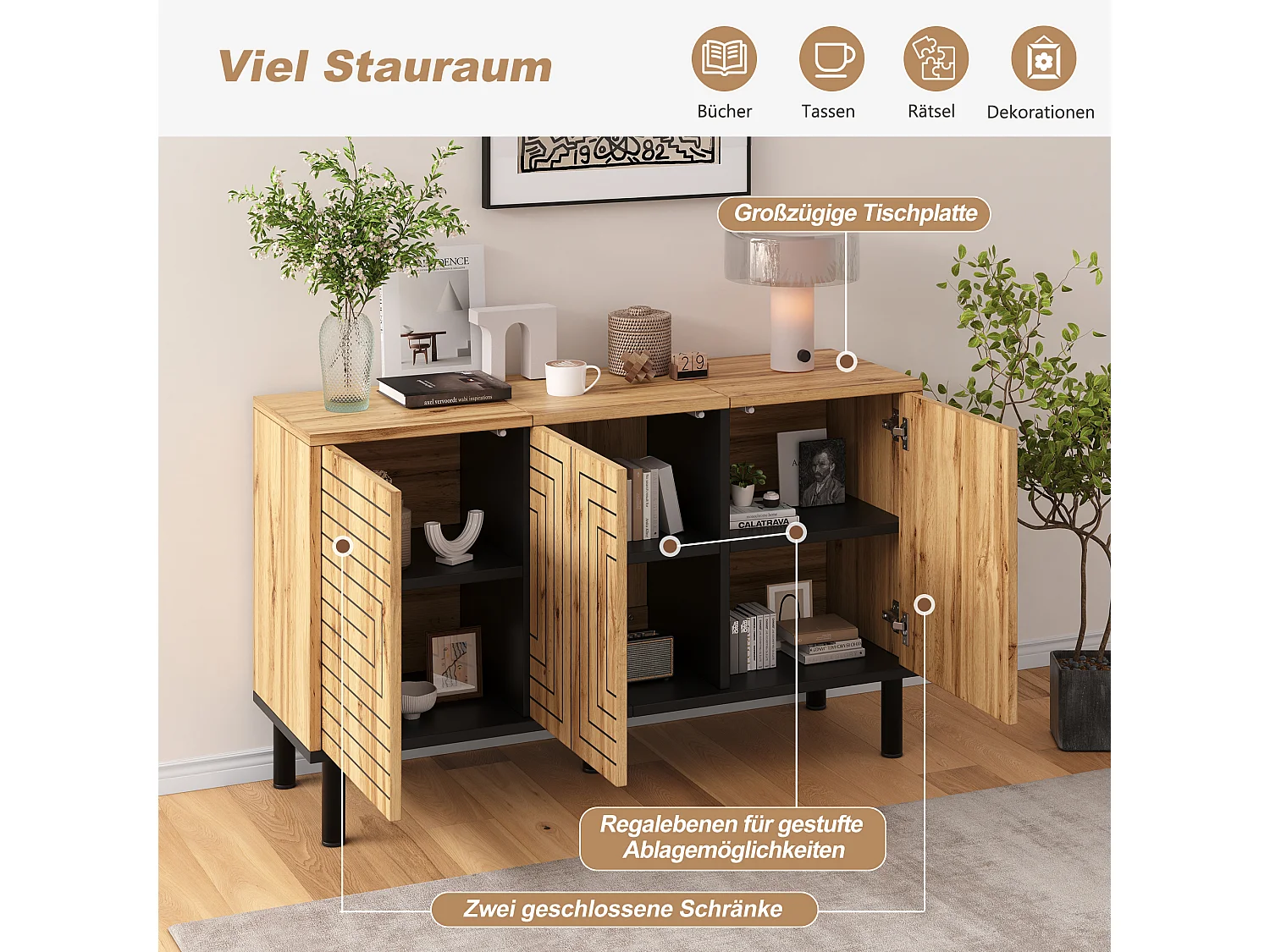 Three-door push-to-open sideboard with six storage compartments and a wavy pattern - MDF - 120 × 35 × 68 cm - Wood