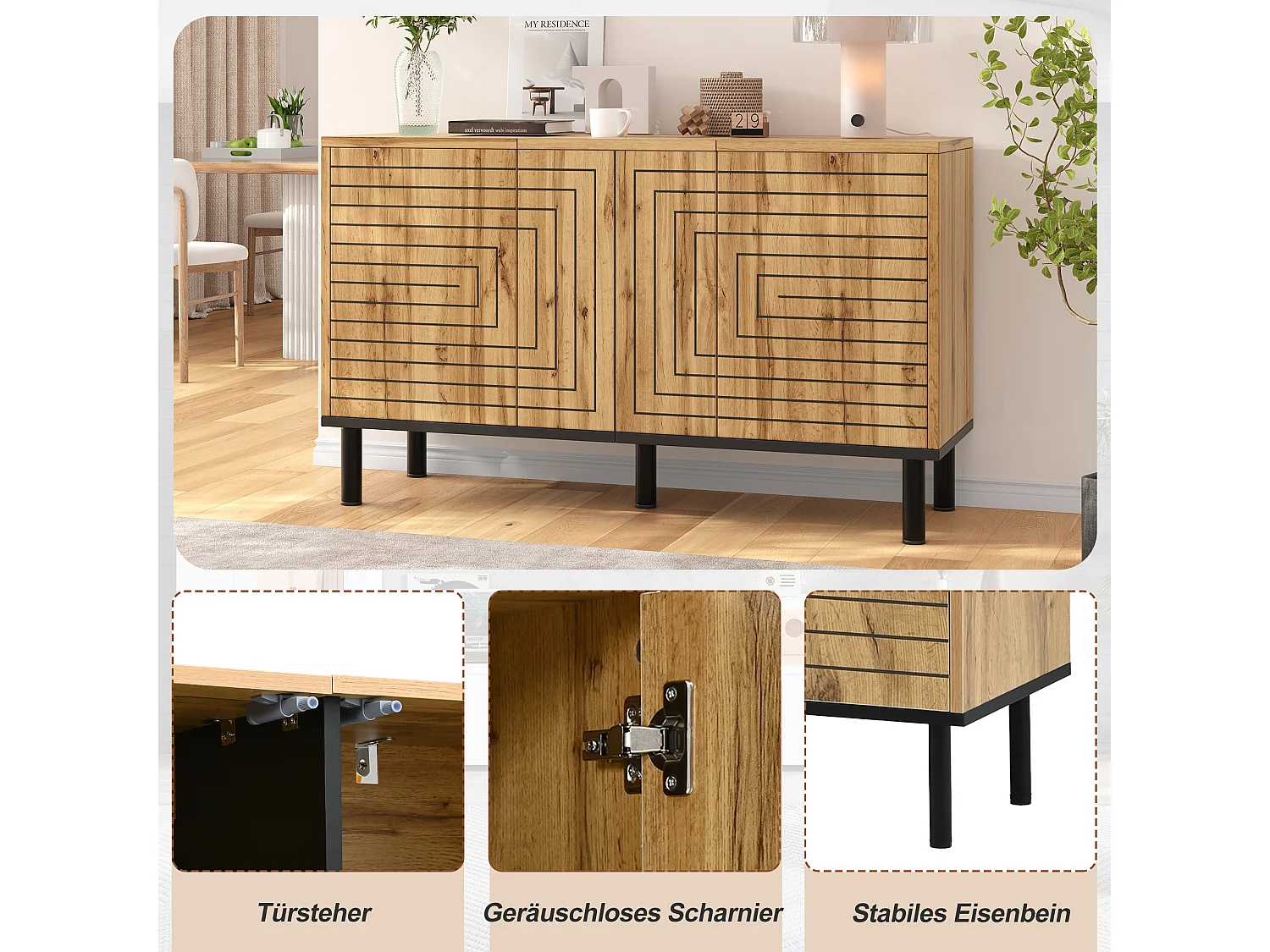 Three-door push-to-open sideboard with six storage compartments and a wavy pattern - MDF - 120 × 35 × 68 cm - Wood