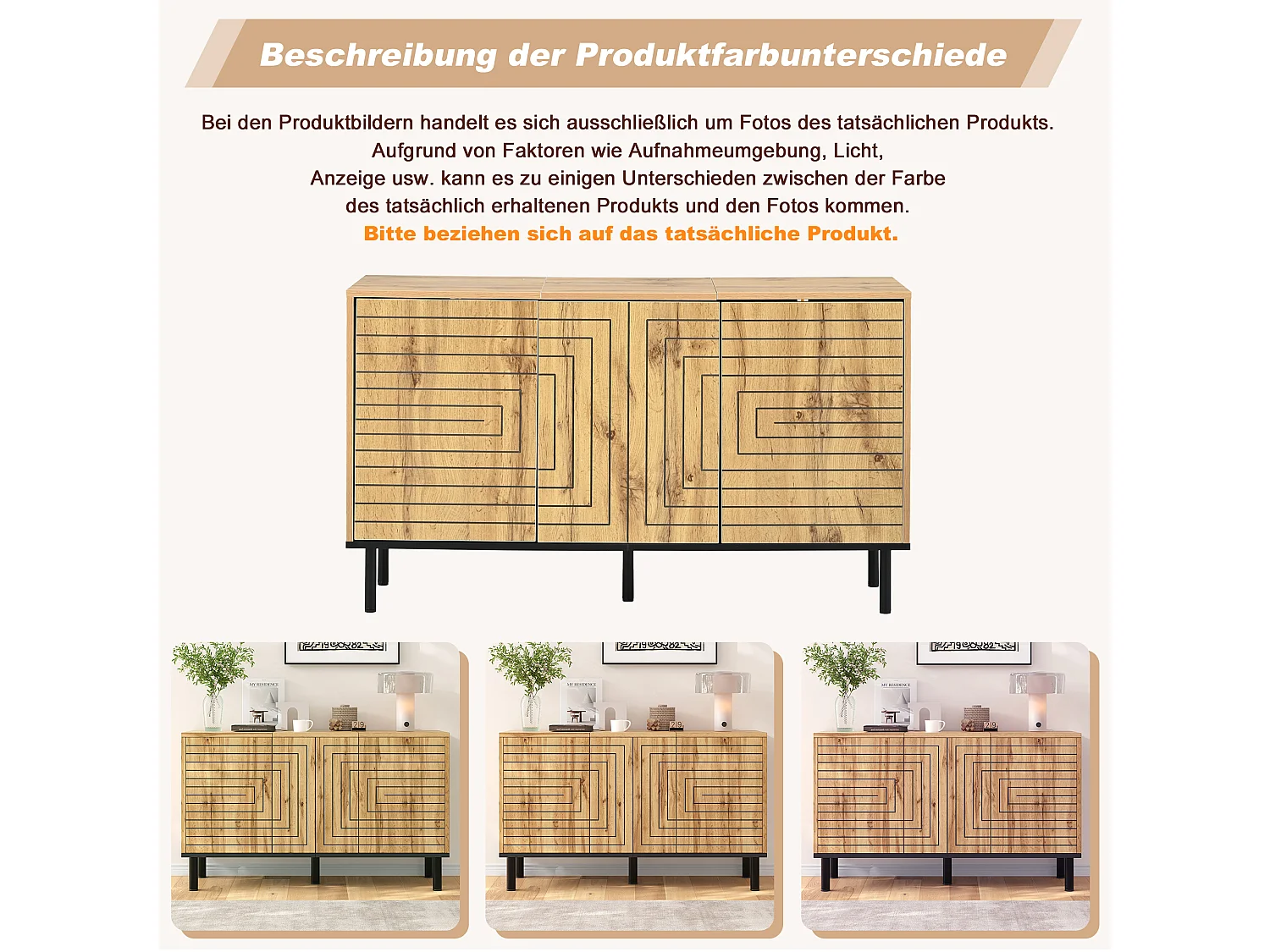 Three-door push-to-open sideboard with six storage compartments and a wavy pattern - MDF - 120 × 35 × 68 cm - Wood