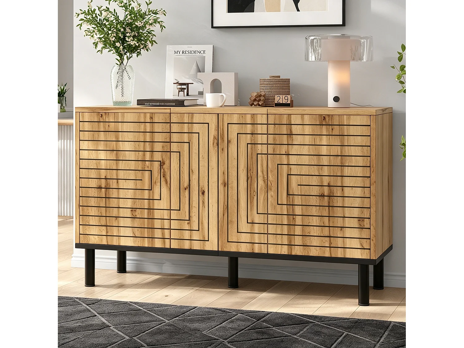 Three-door push-to-open sideboard with six storage compartments and a wavy pattern - MDF - 120 × 35 × 68 cm - Wood
