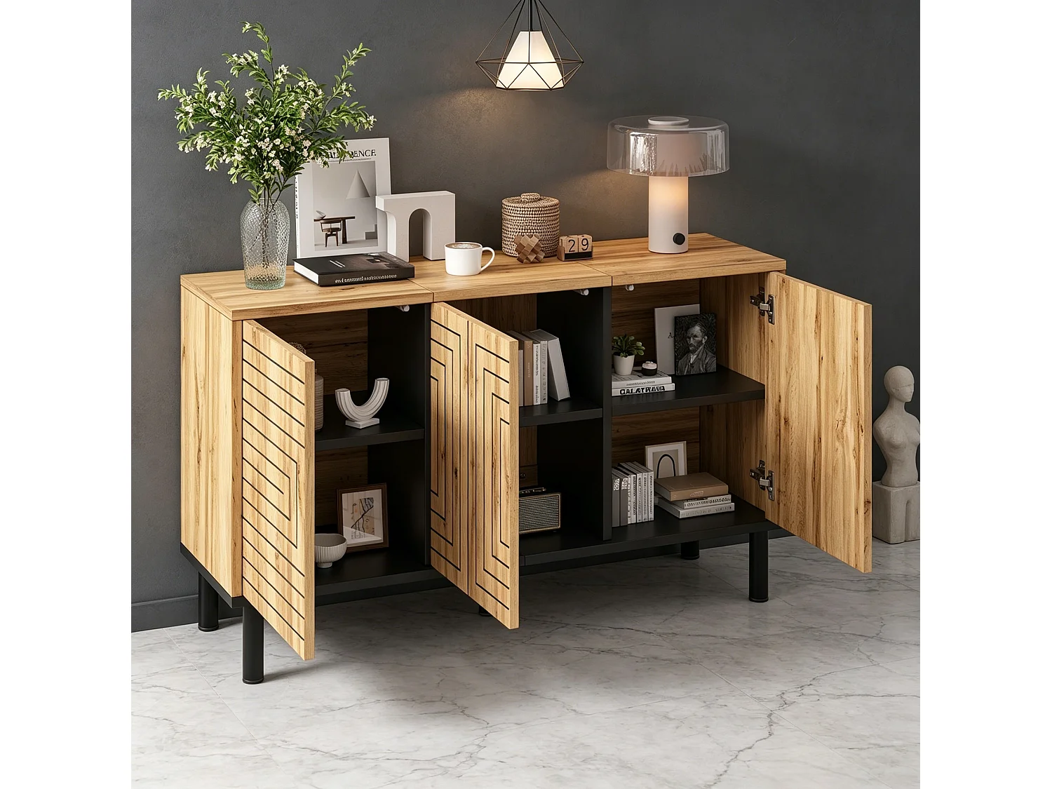 Three-door push-to-open sideboard with six storage compartments and a wavy pattern - MDF - 120 × 35 × 68 cm - Wood