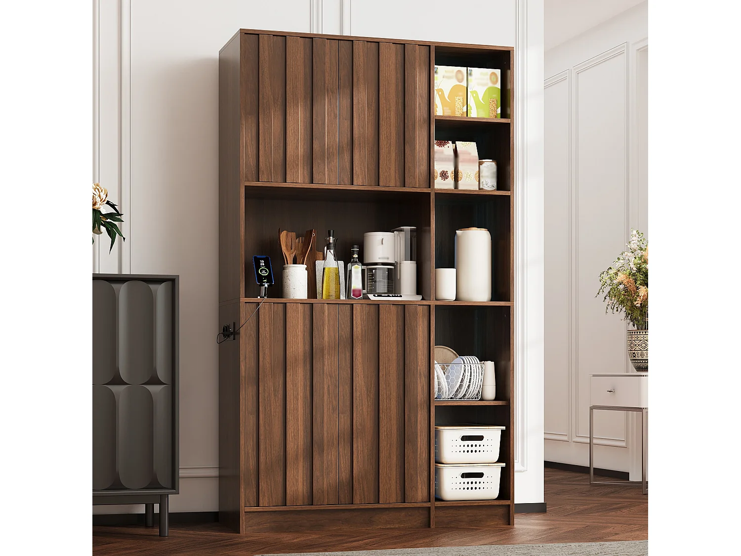 High kitchen sideboard with RGB LED lighting, electrical outlet, wine rack and 4 doors - MDF - 105 x 40 x 180 cm - Walnut