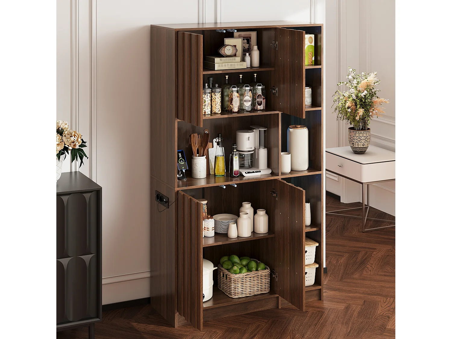 High kitchen sideboard with RGB LED lighting, electrical outlet, wine rack and 4 doors - MDF - 105 x 40 x 180 cm - Walnut