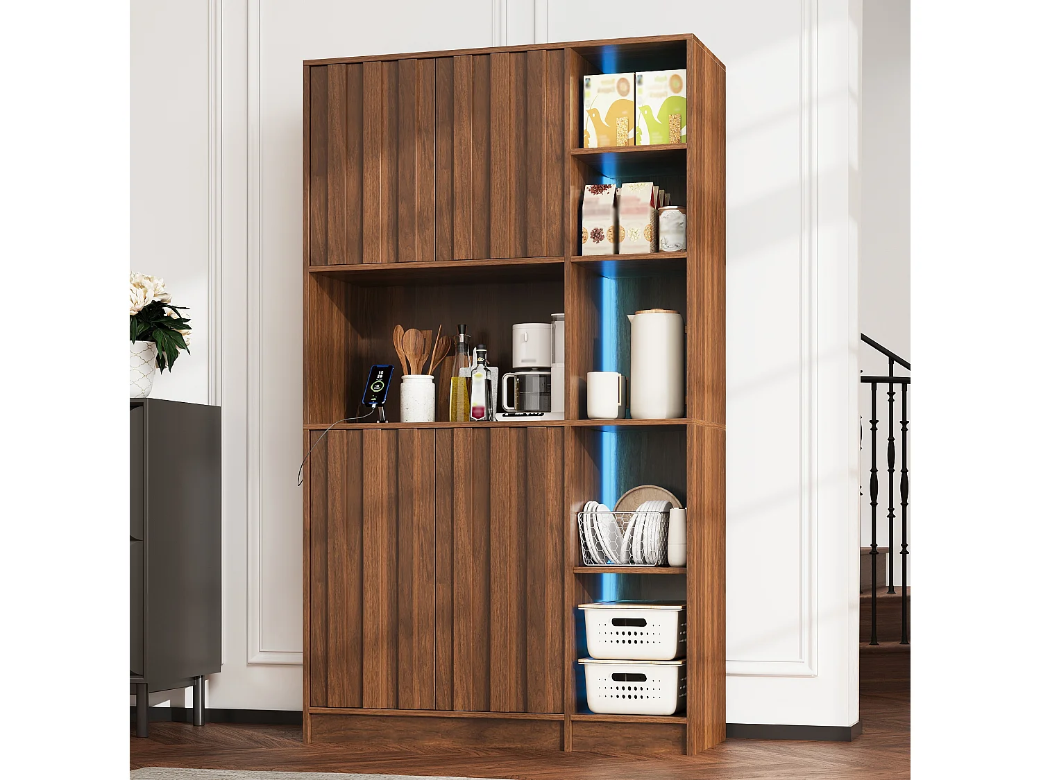 High kitchen sideboard with RGB LED lighting, electrical outlet, wine rack and 4 doors - MDF - 105 x 40 x 180 cm - Walnut