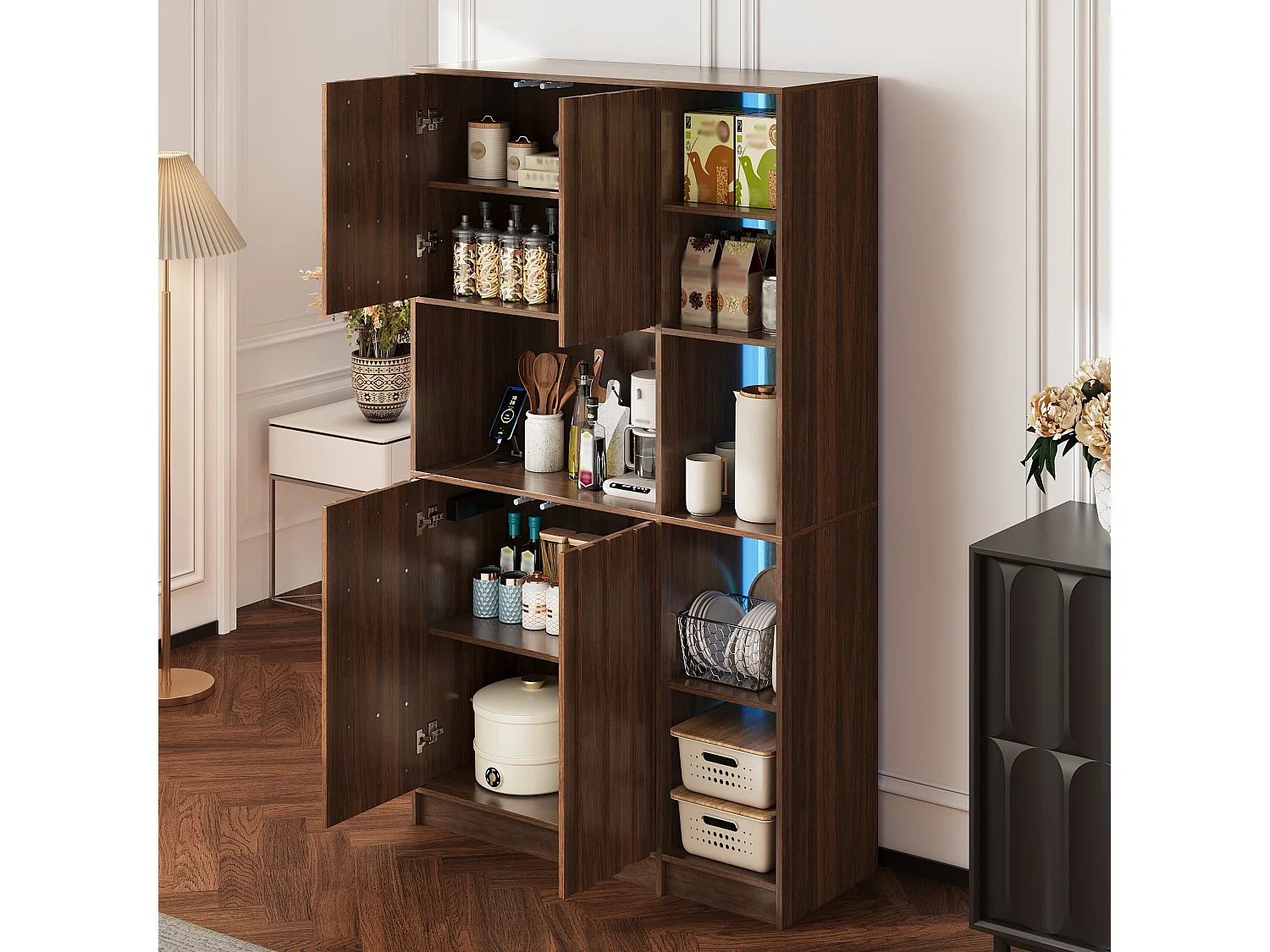 High kitchen sideboard with RGB LED lighting, electrical outlet, wine rack and 4 doors - MDF - 105 x 40 x 180 cm - Walnut