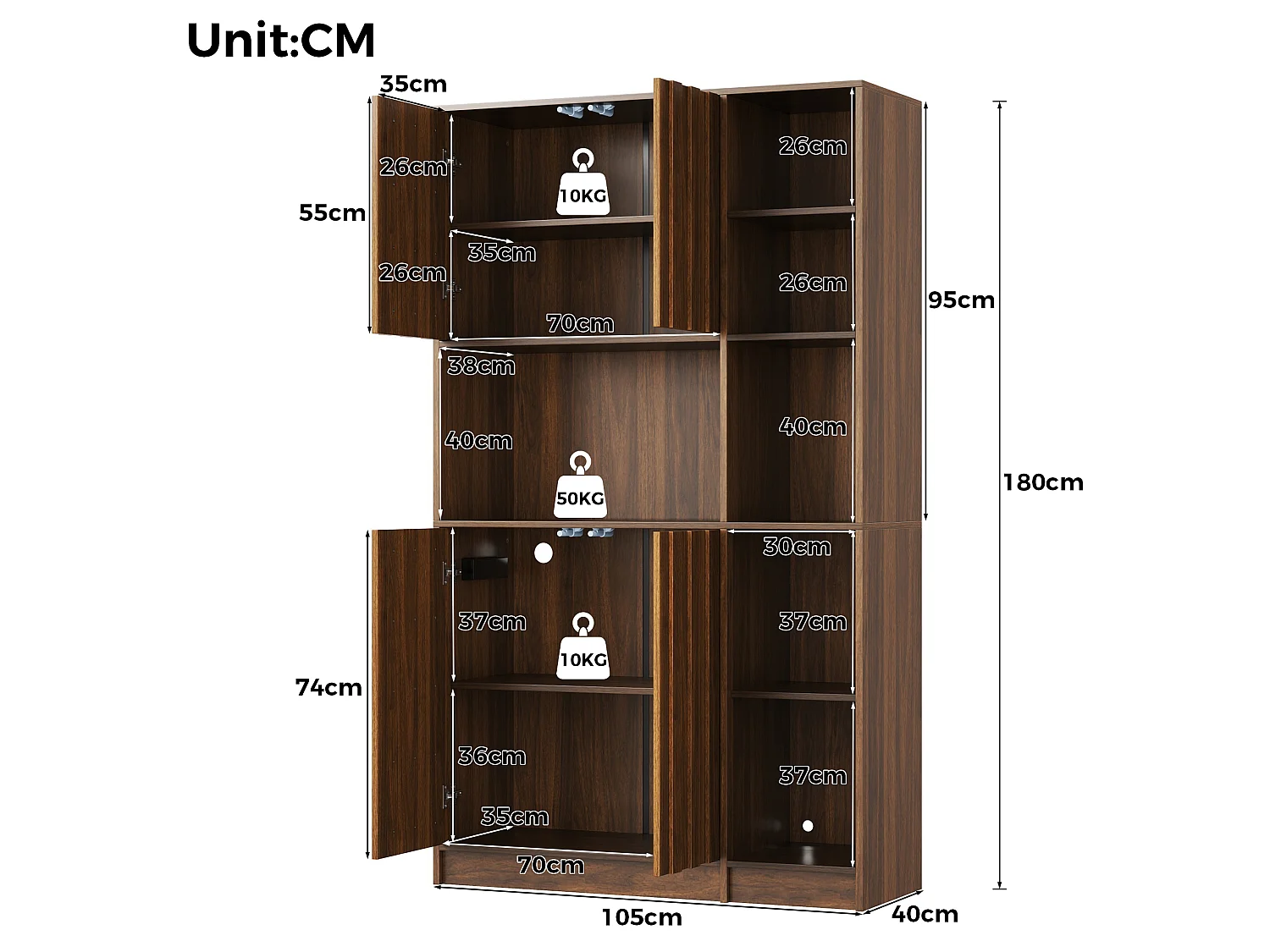 High kitchen sideboard with RGB LED lighting, electrical outlet, wine rack and 4 doors - MDF - 105 x 40 x 180 cm - Walnut