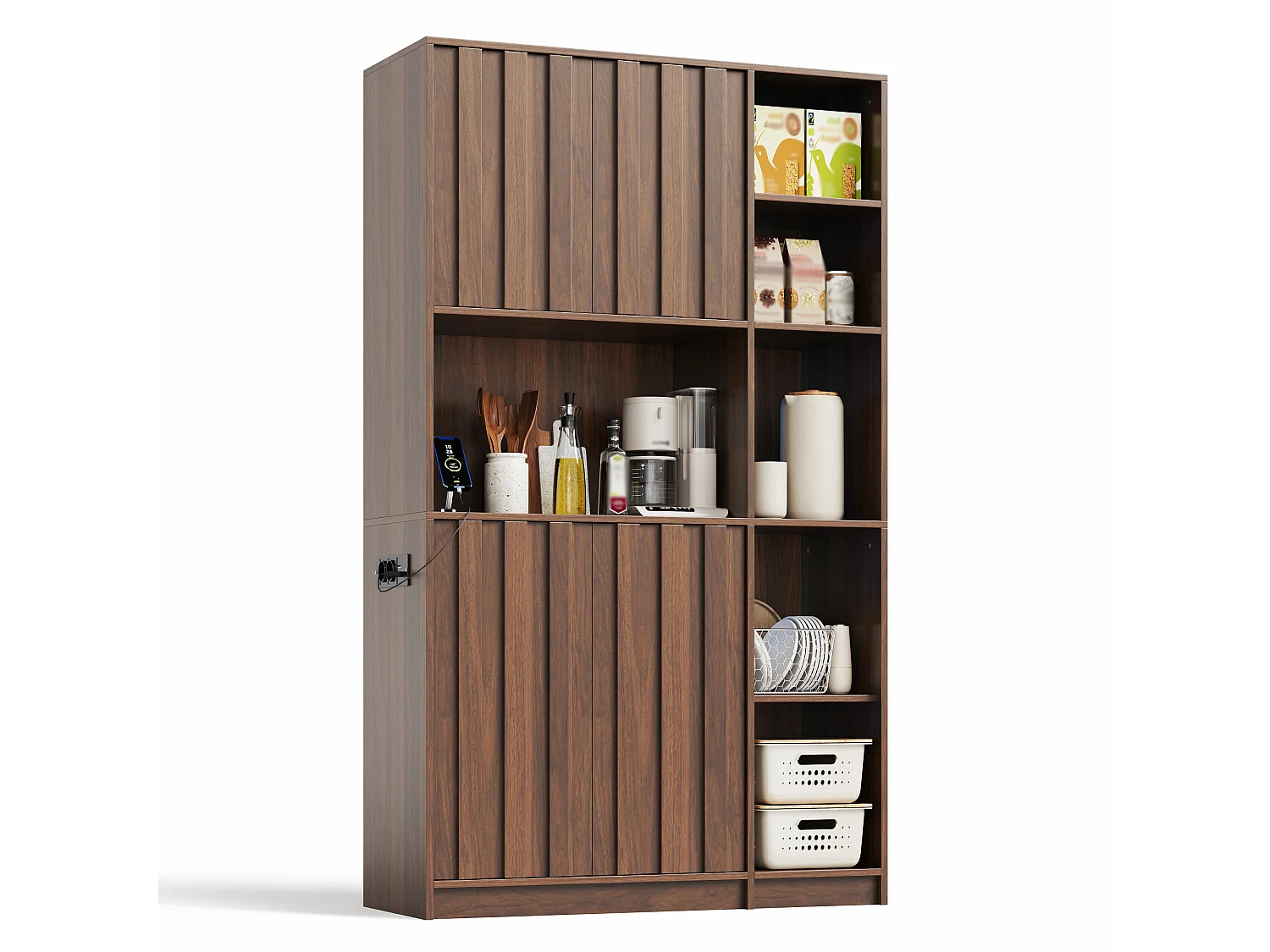 High kitchen sideboard with RGB LED lighting, electrical outlet, wine rack and 4 doors - MDF - 105 x 40 x 180 cm - Walnut