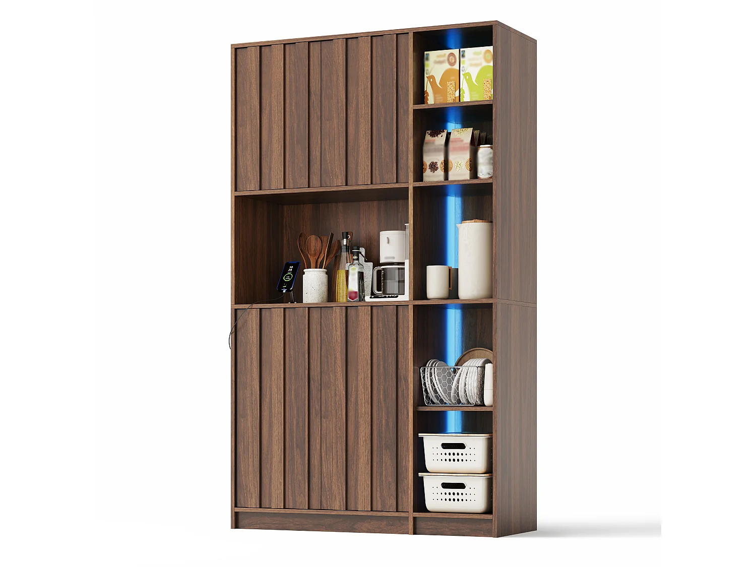High kitchen sideboard with RGB LED lighting, electrical outlet, wine rack and 4 doors - MDF - 105 x 40 x 180 cm - Walnut