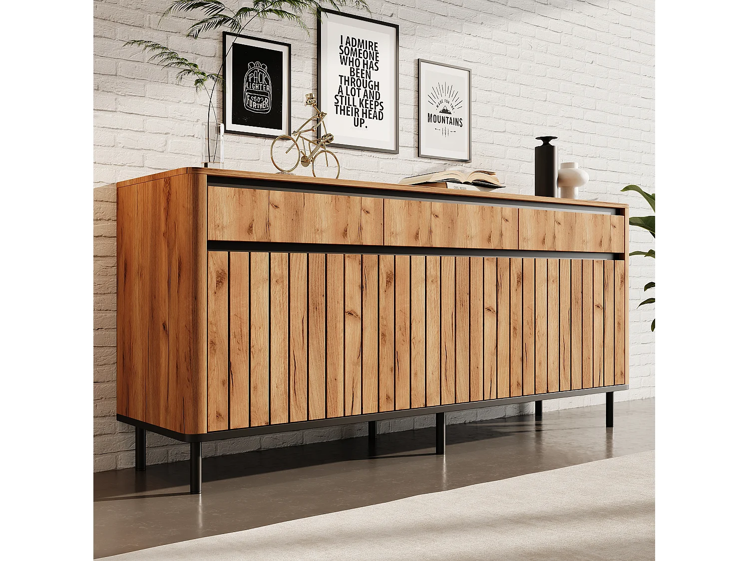 3-door slatted sideboard with 3 drawers and 8 storage compartments - MDF and metal - 160 × 40 × 73 cm - Natural wood