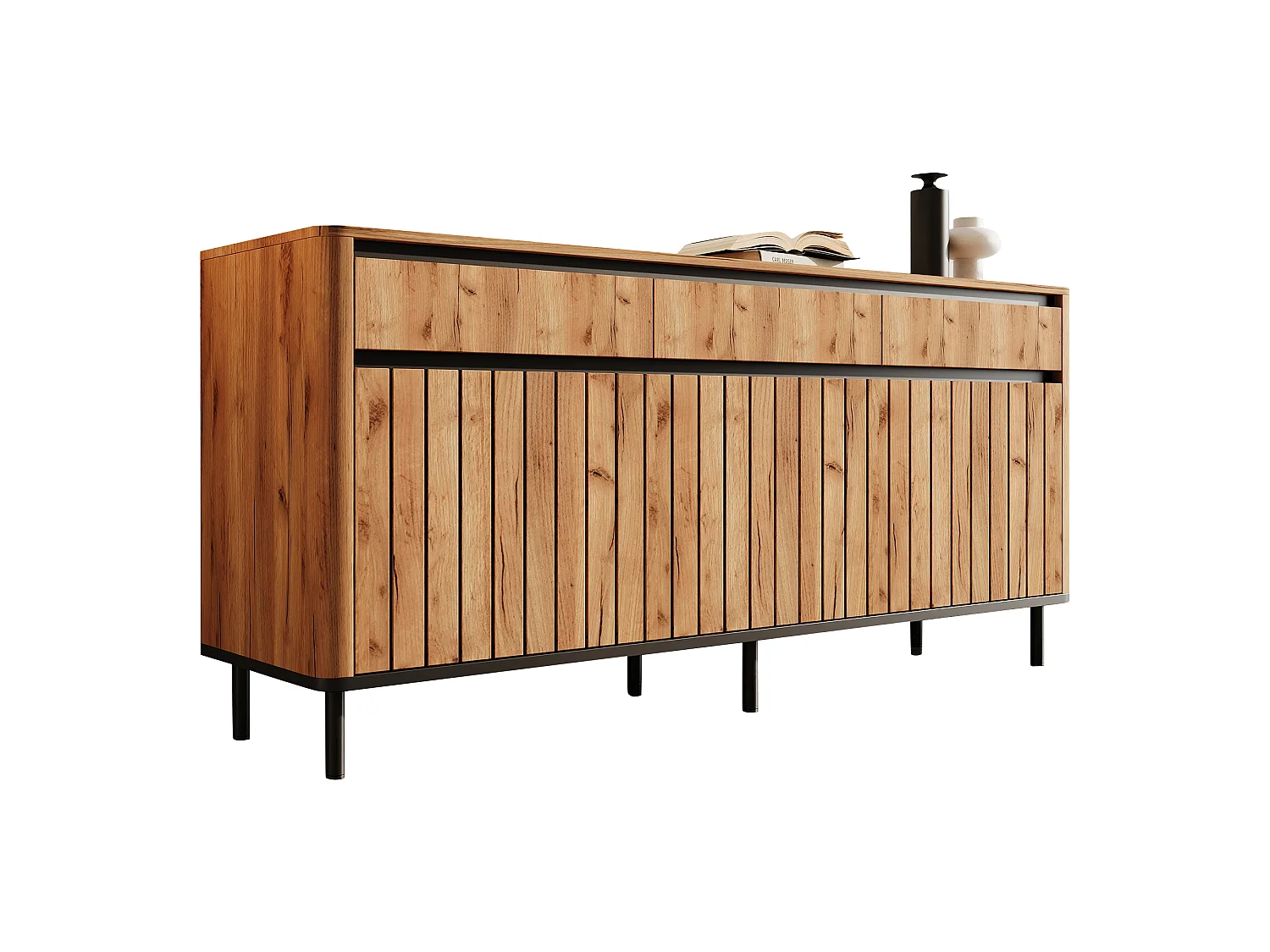 3-door slatted sideboard with 3 drawers and 8 storage compartments - MDF and metal - 160 × 40 × 73 cm - Natural wood