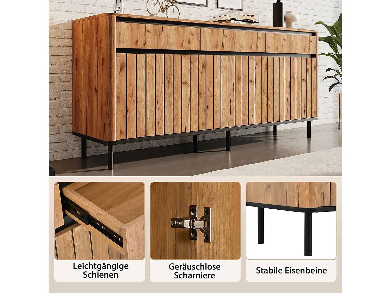 3-door slatted sideboard with 3 drawers and 8 storage compartments - MDF and metal - 160 × 40 × 73 cm - Natural wood