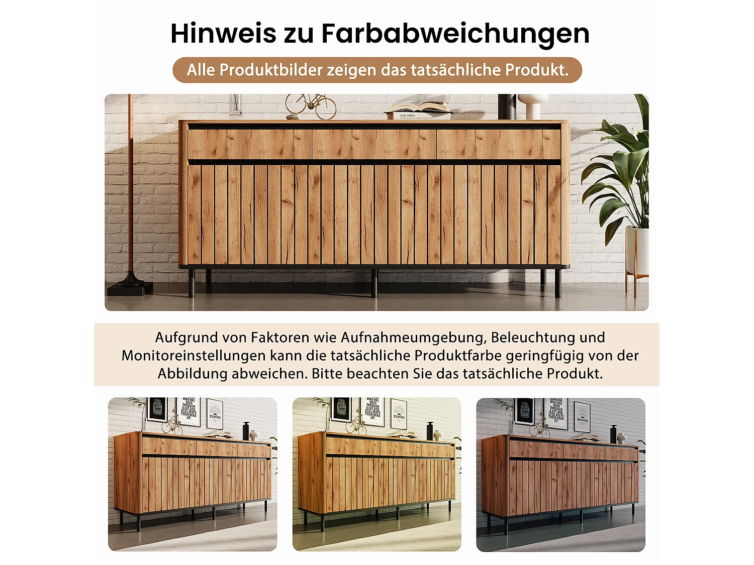 3-door slatted sideboard with 3 drawers and 8 storage compartments - MDF and metal - 160 × 40 × 73 cm - Natural wood