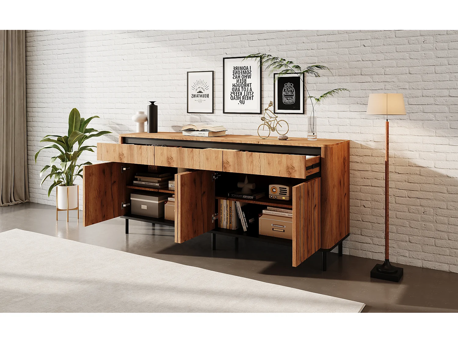 3-door slatted sideboard with 3 drawers and 8 storage compartments - MDF and metal - 160 × 40 × 73 cm - Natural wood