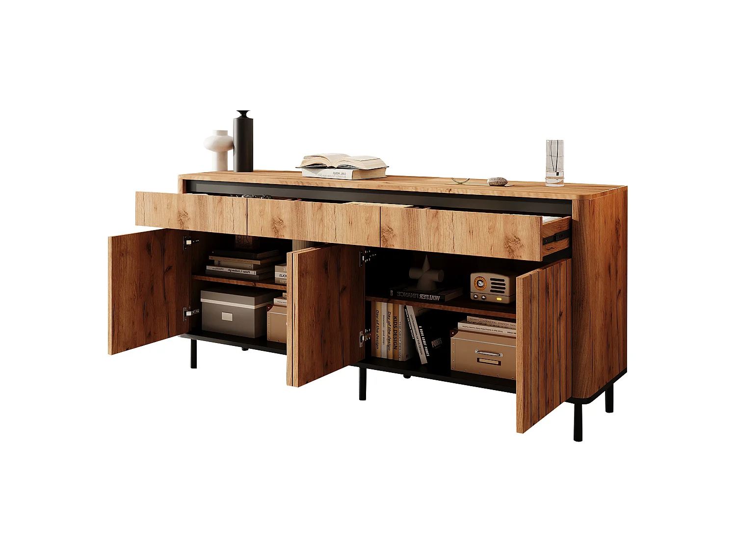 3-door slatted sideboard with 3 drawers and 8 storage compartments - MDF and metal - 160 × 40 × 73 cm - Natural wood