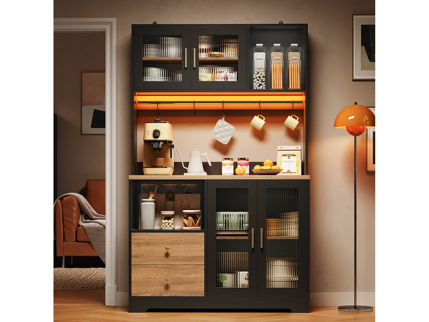High kitchen sideboard with LED lighting, electrical outlet, 4 doors, wine rack - MDF and glass - 110 x 40 x 178 cm - Black and natural wood