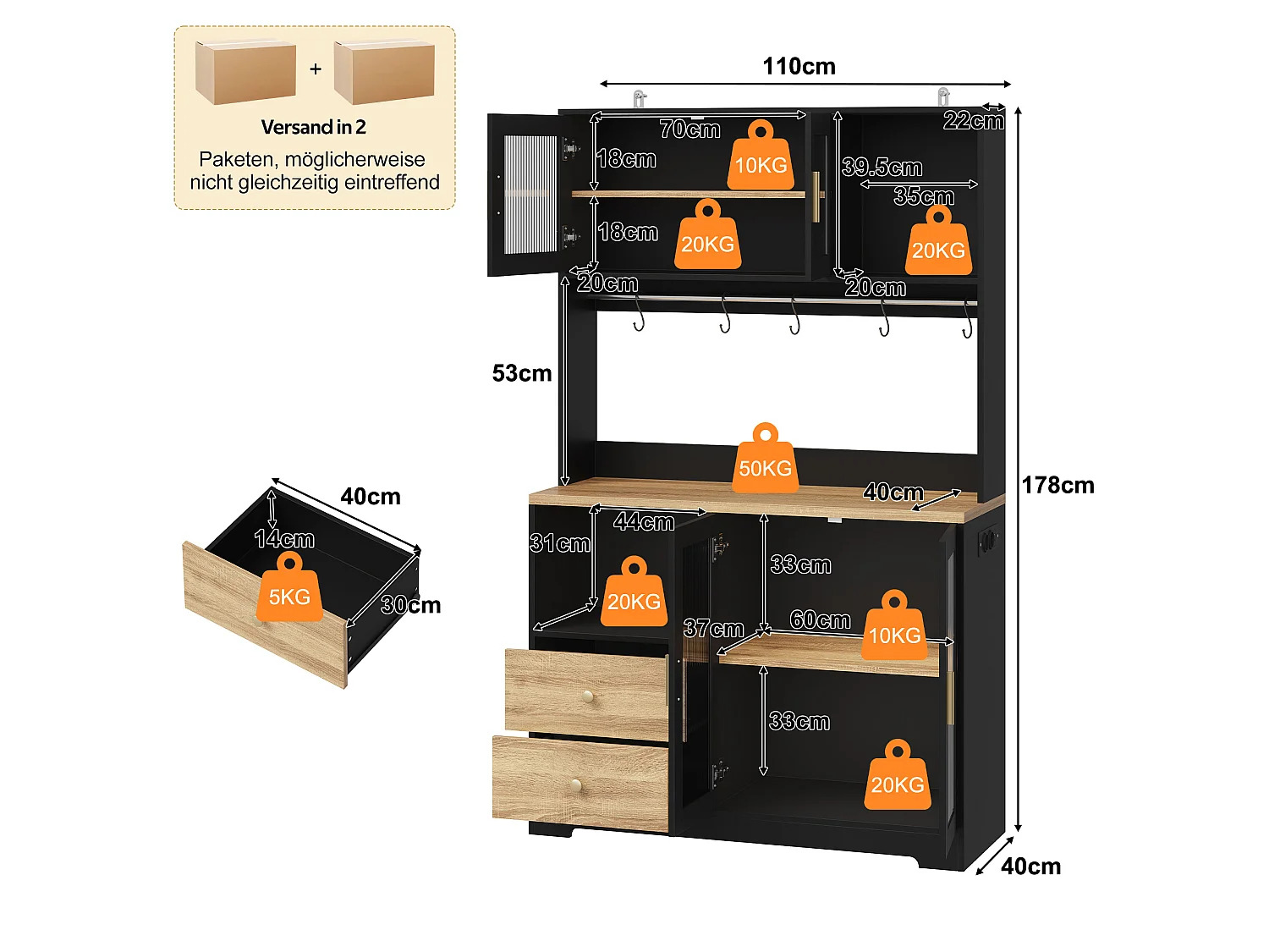 High kitchen sideboard with LED lighting, electrical outlet, 4 doors, wine rack - MDF and glass - 110 x 40 x 178 cm - Black and natural wood