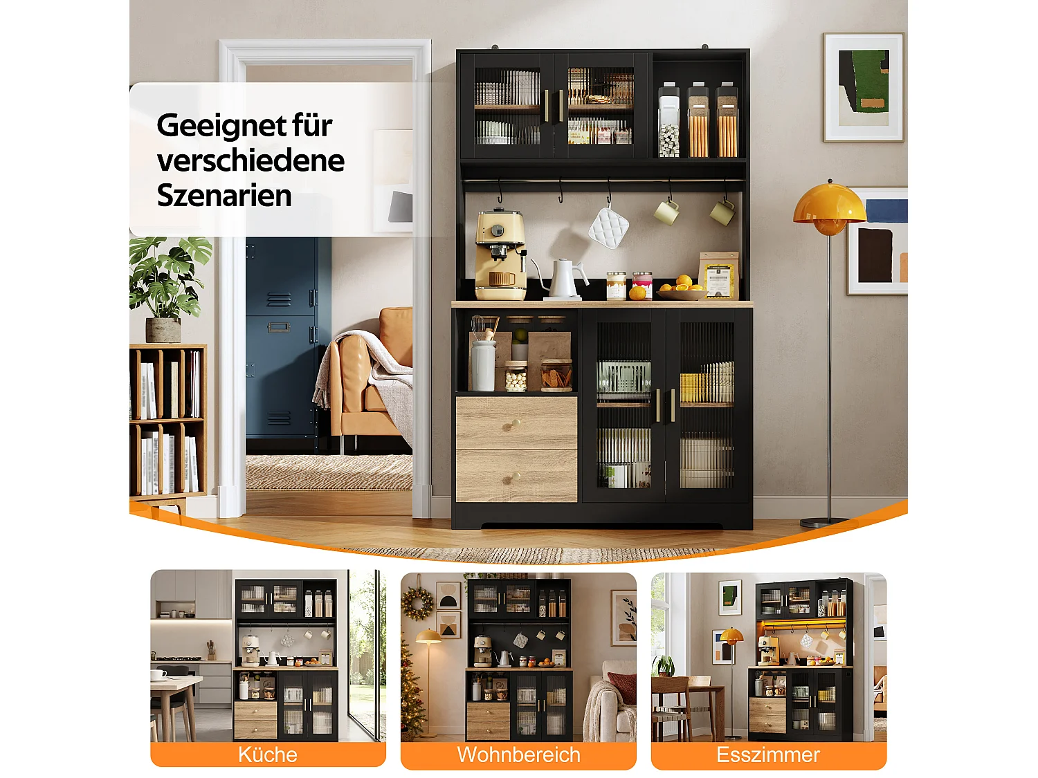 High kitchen sideboard with LED lighting, electrical outlet, 4 doors, wine rack - MDF and glass - 110 x 40 x 178 cm - Black and natural wood