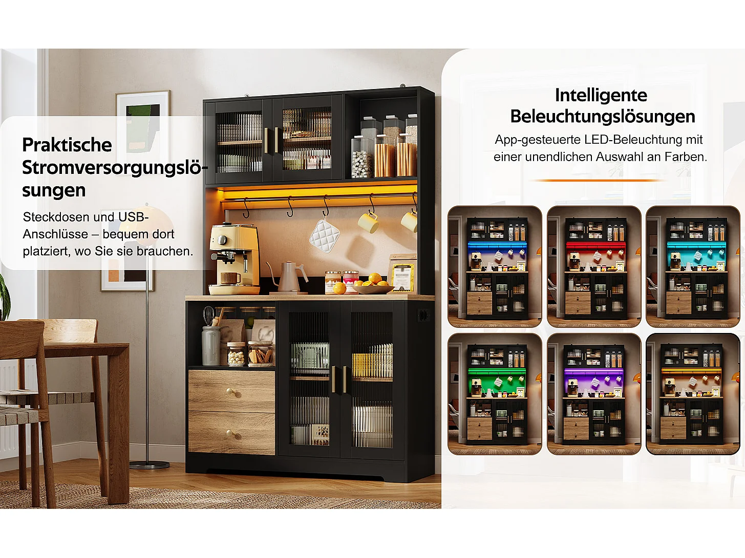 High kitchen sideboard with LED lighting, electrical outlet, 4 doors, wine rack - MDF and glass - 110 x 40 x 178 cm - Black and natural wood