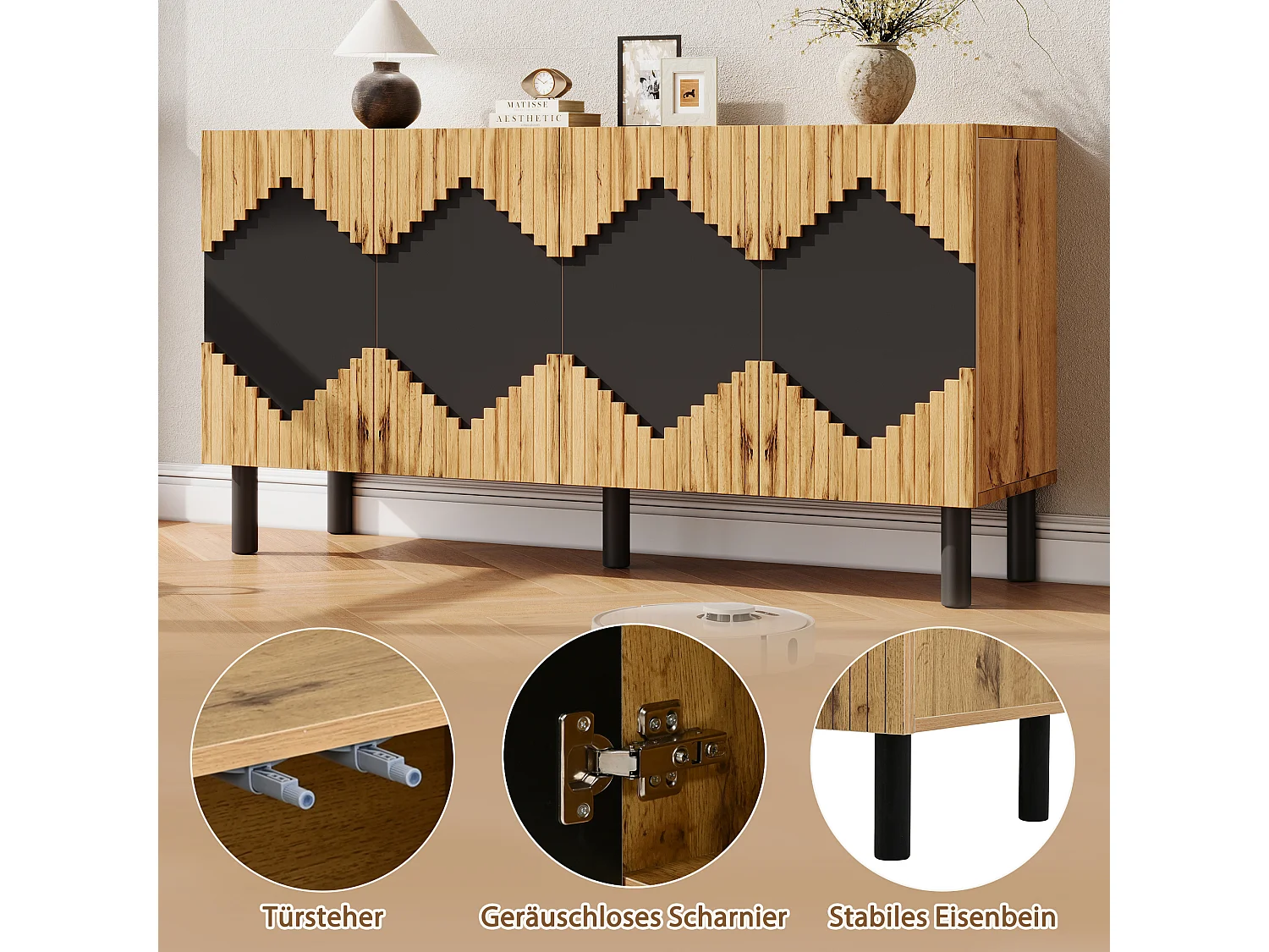 Four-door push-to-open sideboard with four storage compartments and diamond pattern - MDF - 140 × 40 × 70 cm - Wood and black