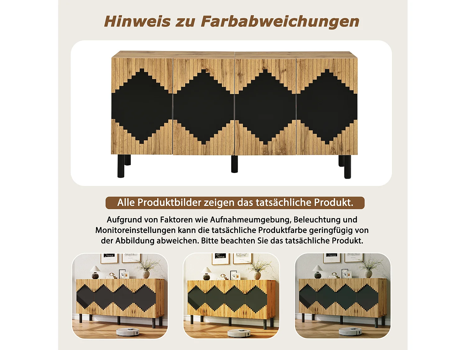 Four-door push-to-open sideboard with four storage compartments and diamond pattern - MDF - 140 × 40 × 70 cm - Wood and black