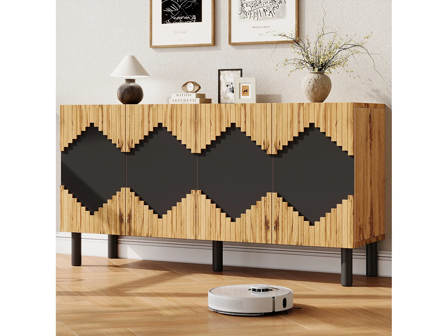 Four-door push-to-open sideboard with four storage compartments and diamond pattern - MDF - 140 × 40 × 70 cm - Wood and black