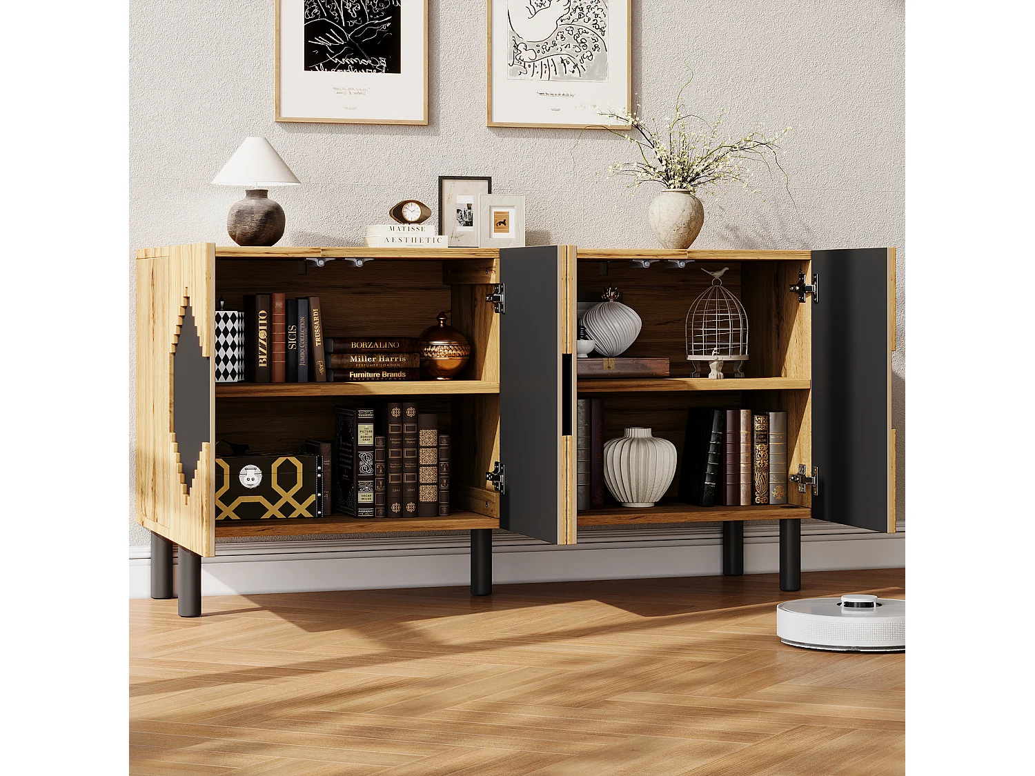 Four-door push-to-open sideboard with four storage compartments and diamond pattern - MDF - 140 × 40 × 70 cm - Wood and black