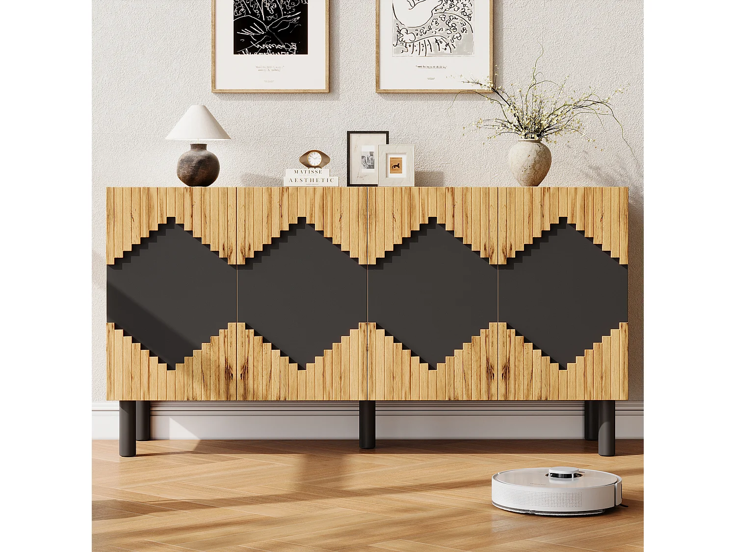 Four-door push-to-open sideboard with four storage compartments and diamond pattern - MDF - 140 × 40 × 70 cm - Wood and black