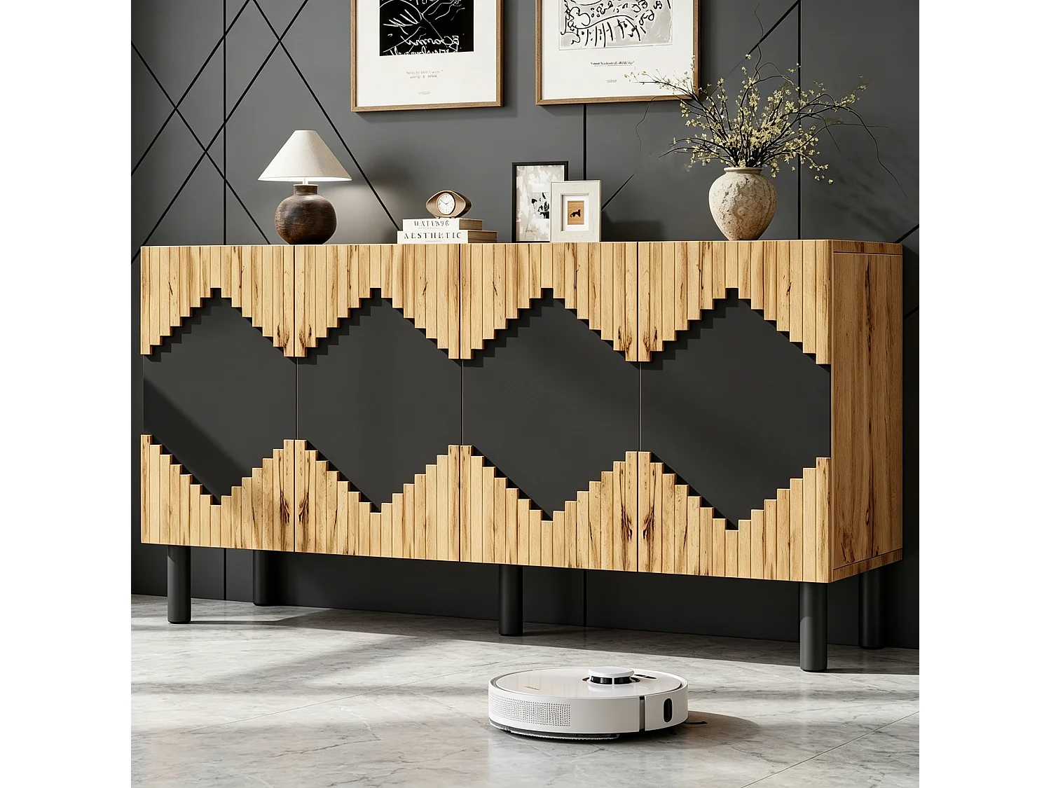 Four-door push-to-open sideboard with four storage compartments and diamond pattern - MDF - 140 × 40 × 70 cm - Wood and black