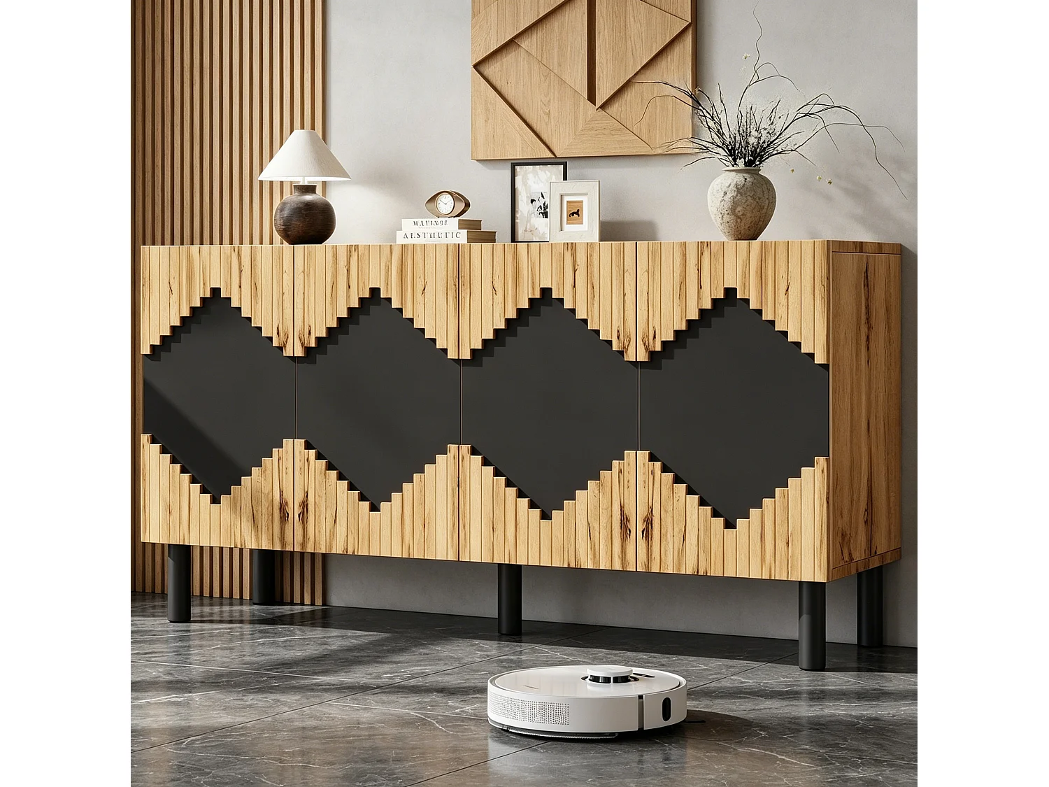 Four-door push-to-open sideboard with four storage compartments and diamond pattern - MDF - 140 × 40 × 70 cm - Wood and black
