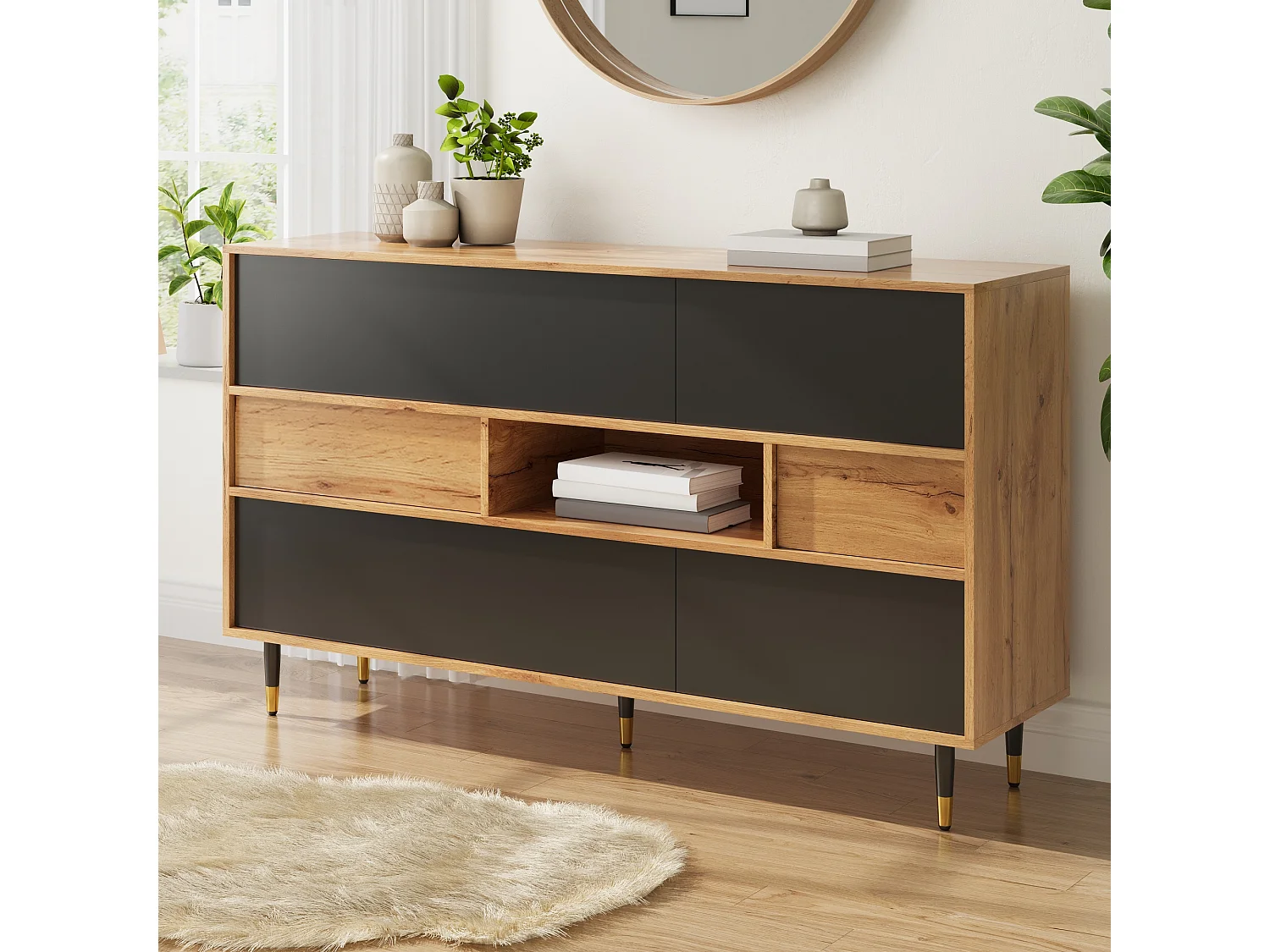 Multifunctional sideboard with 2 drawers and 4 doors - Particleboard and MDF - 140 × 40 × 84.5 cm - Natural wood + black