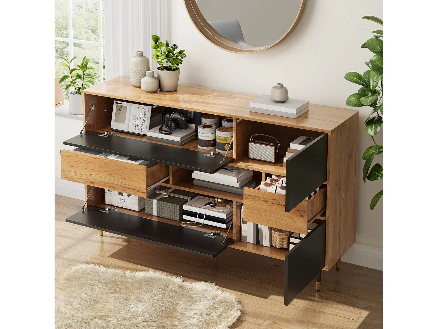 Multifunctional sideboard with 2 drawers and 4 doors - Particleboard and MDF - 140 × 40 × 84.5 cm - Natural wood + black