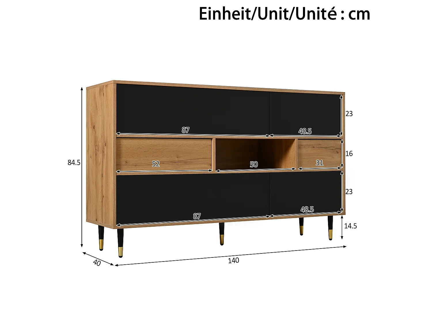 Multifunctional sideboard with 2 drawers and 4 doors - Particleboard and MDF - 140 × 40 × 84.5 cm - Natural wood + black