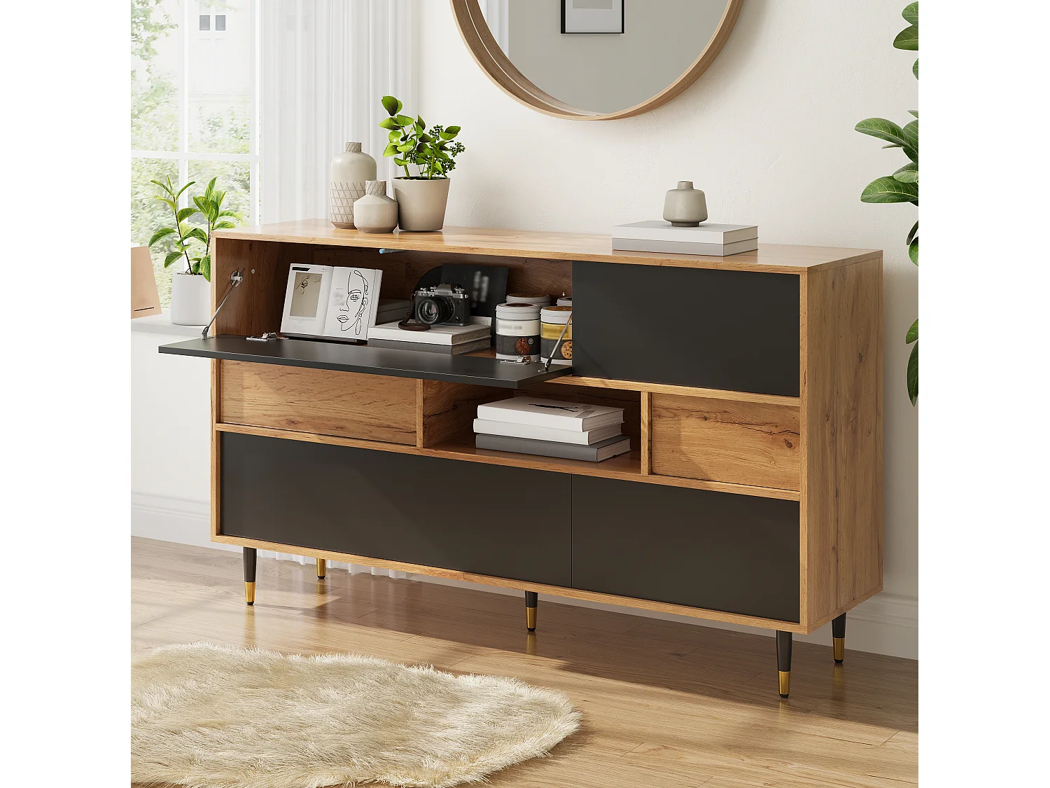 Multifunctional sideboard with 2 drawers and 4 doors - Particleboard and MDF - 140 × 40 × 84.5 cm - Natural wood + black