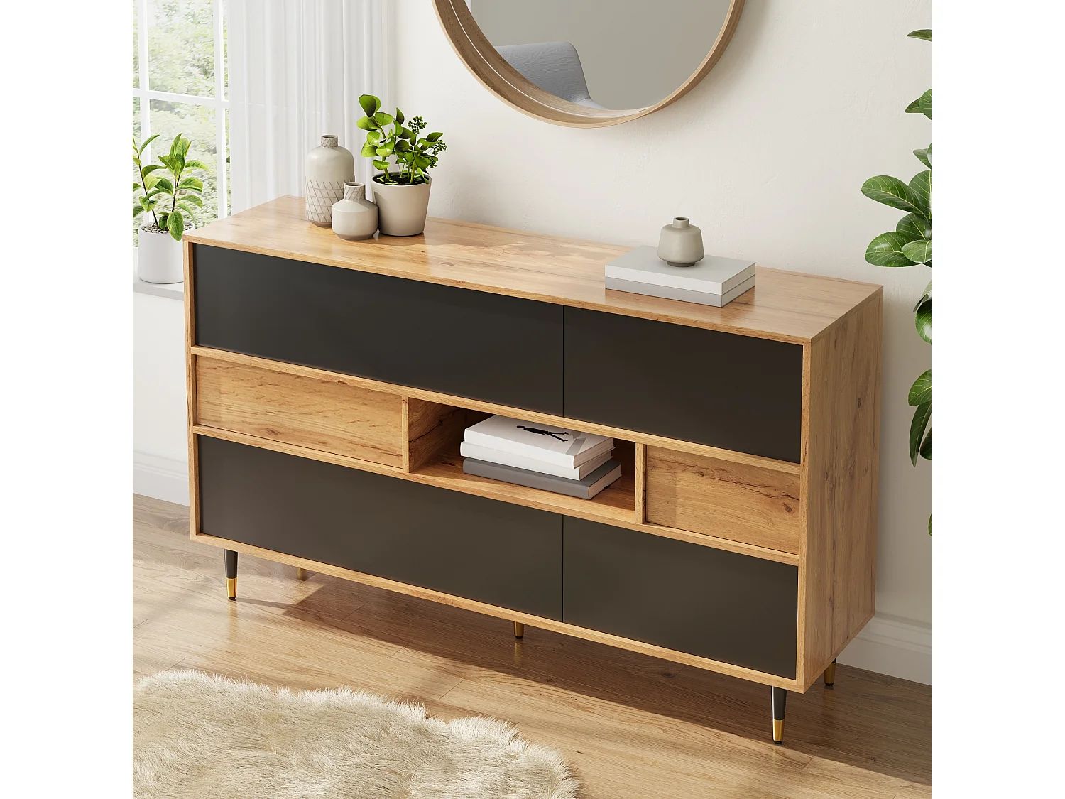 Multifunctional sideboard with 2 drawers and 4 doors - Particleboard and MDF - 140 × 40 × 84.5 cm - Natural wood + black