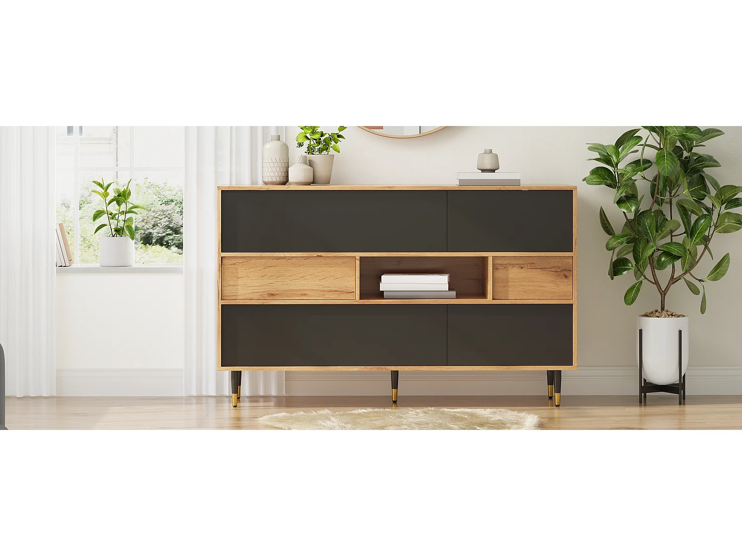 Multifunctional sideboard with 2 drawers and 4 doors - Particleboard and MDF - 140 × 40 × 84.5 cm - Natural wood + black