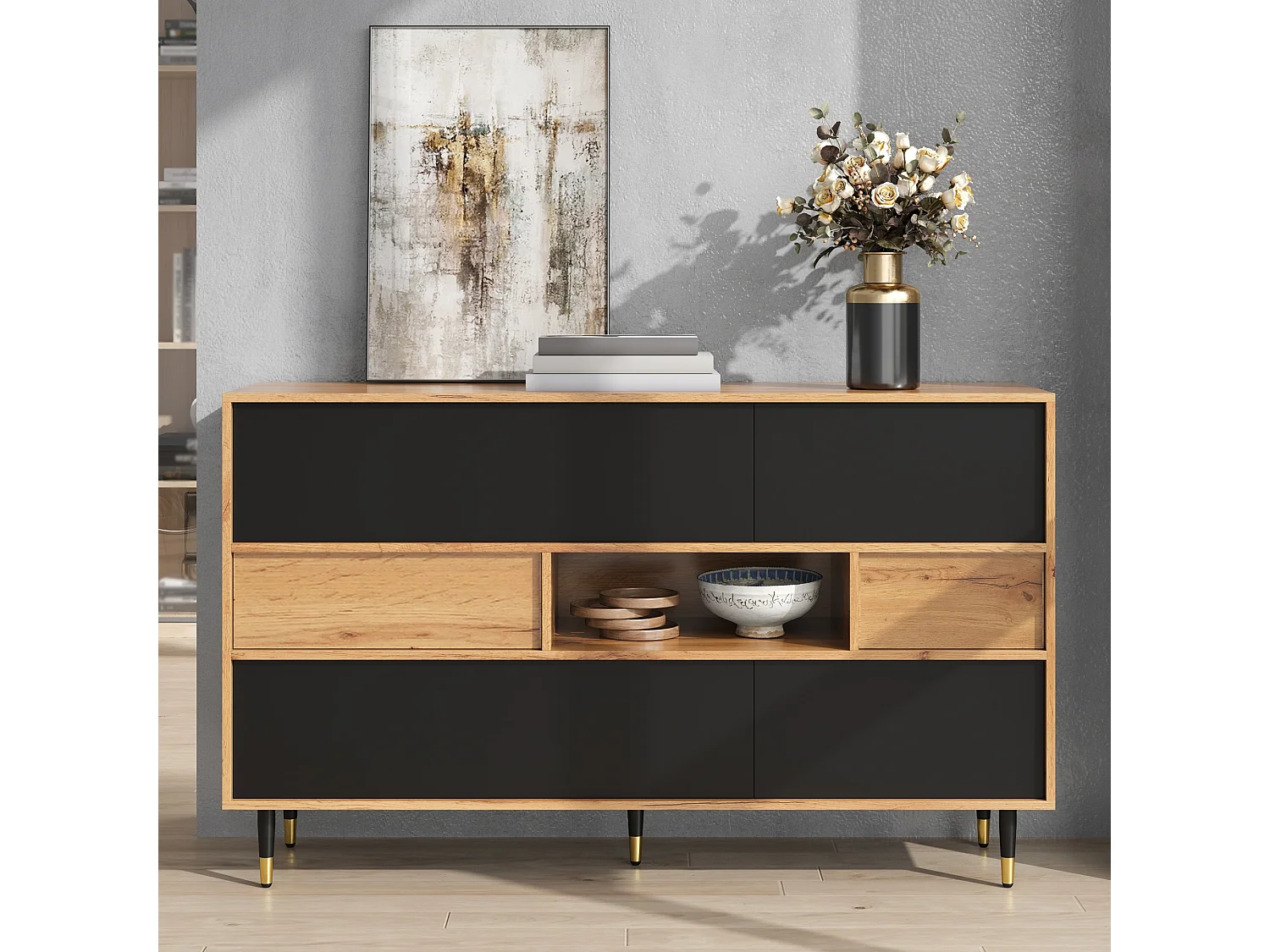 Multifunctional sideboard with 2 drawers and 4 doors - Particleboard and MDF - 140 × 40 × 84.5 cm - Natural wood + black