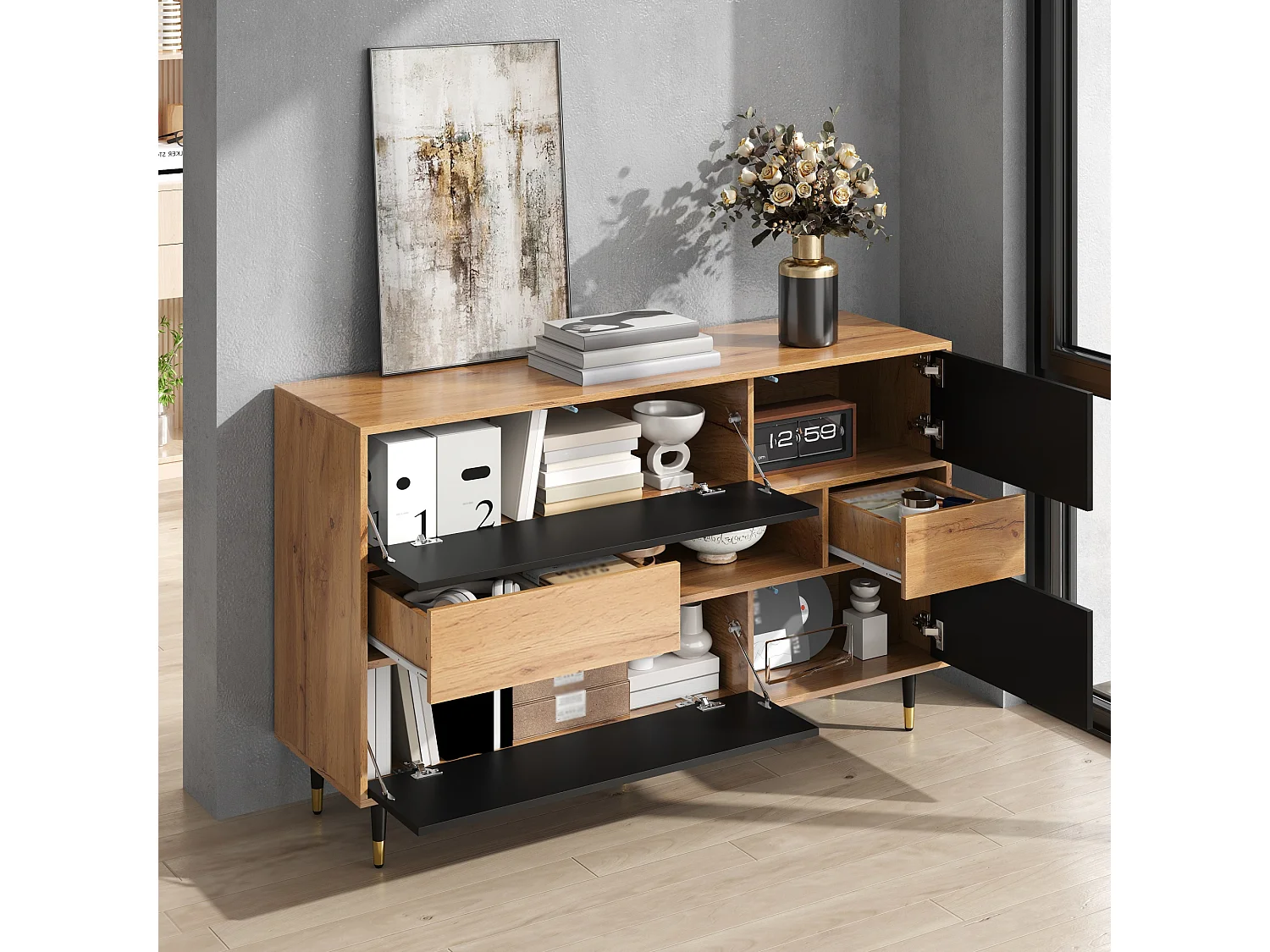 Multifunctional sideboard with 2 drawers and 4 doors - Particleboard and MDF - 140 × 40 × 84.5 cm - Natural wood + black