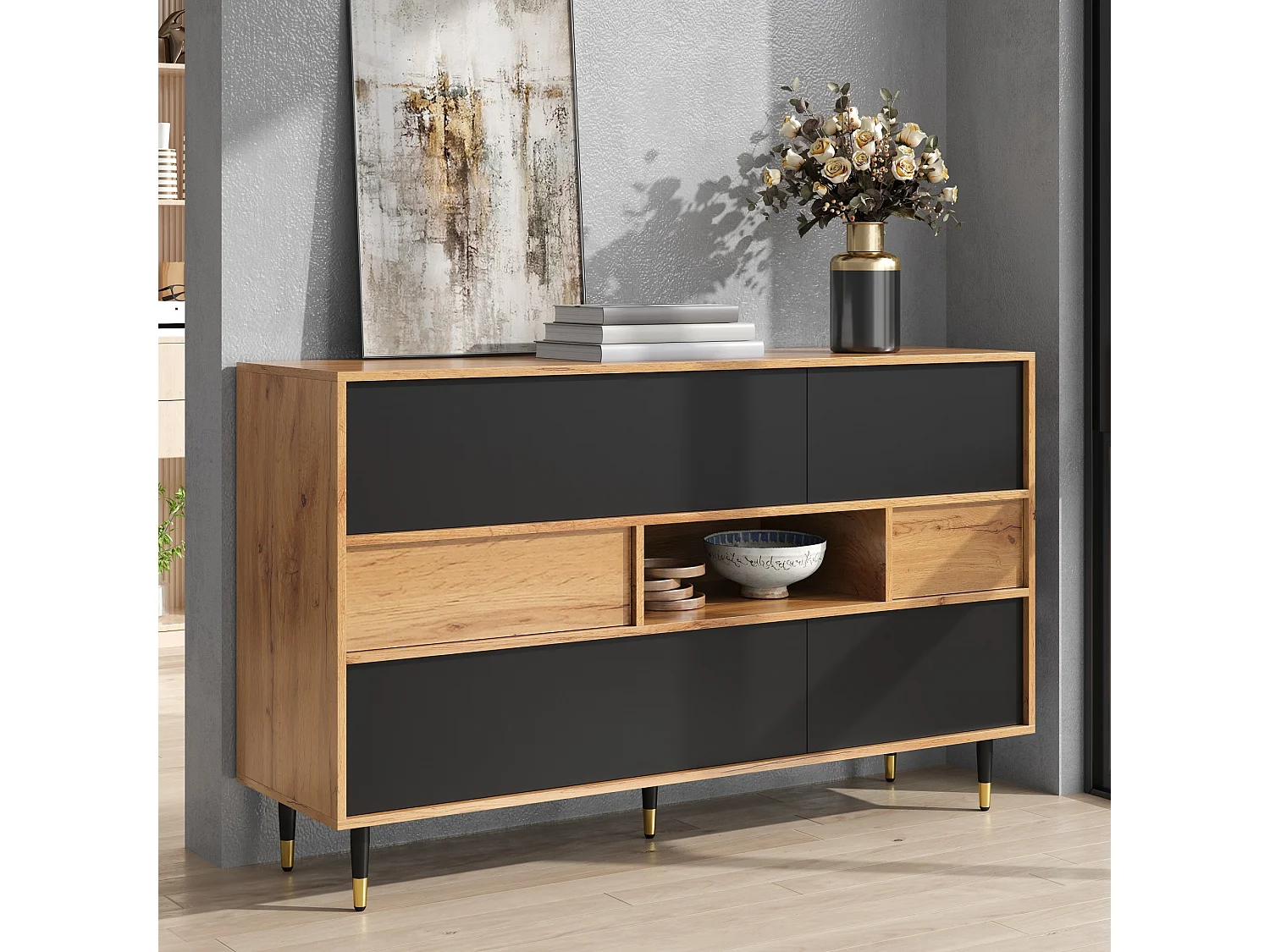 Multifunctional sideboard with 2 drawers and 4 doors - Particleboard and MDF - 140 × 40 × 84.5 cm - Natural wood + black