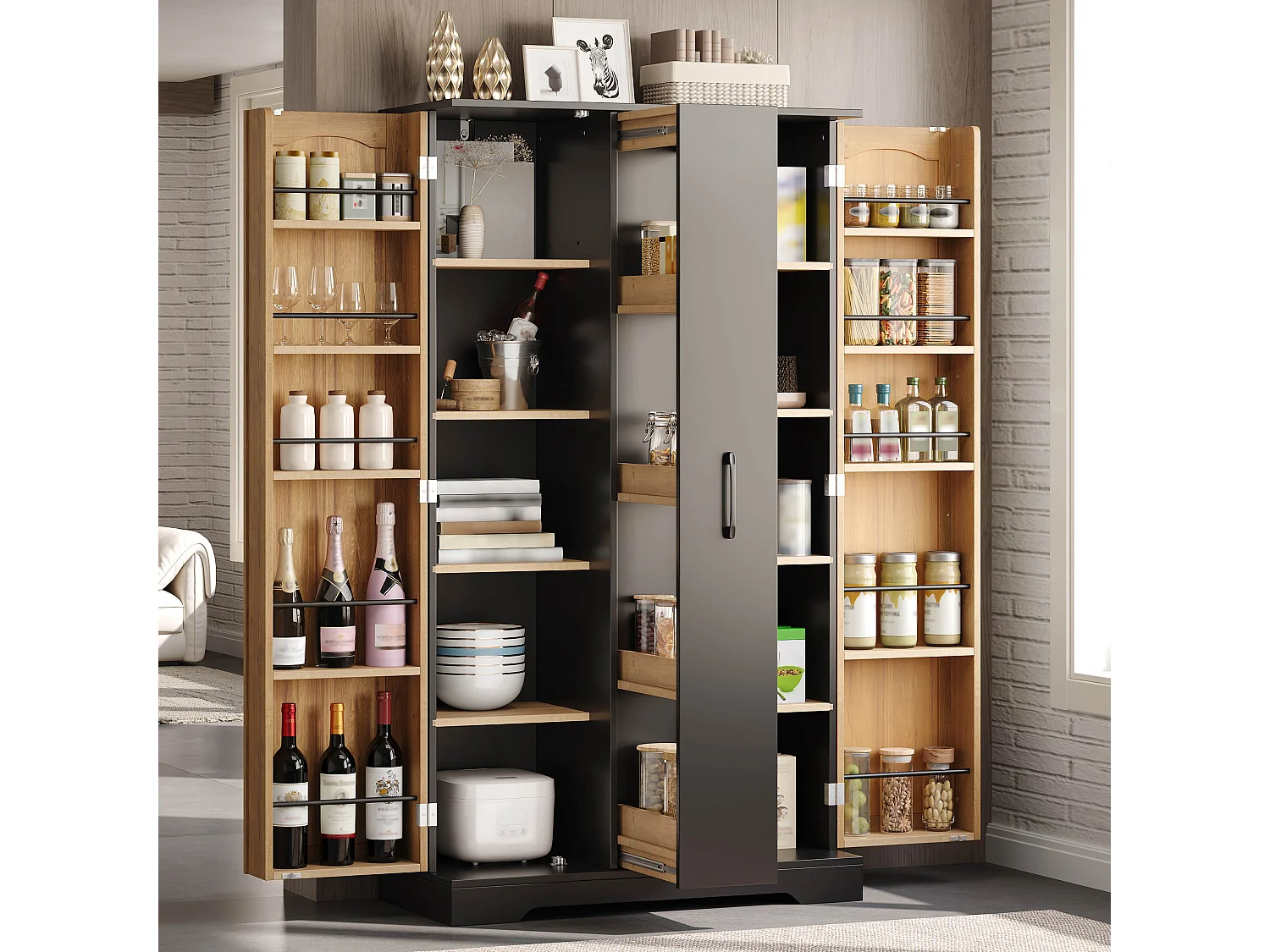 Kitchen sideboard with spice rack, 2 doors and 4-tier sliding storage - MDF - 78 x 40 x 150 cm - Black + natural