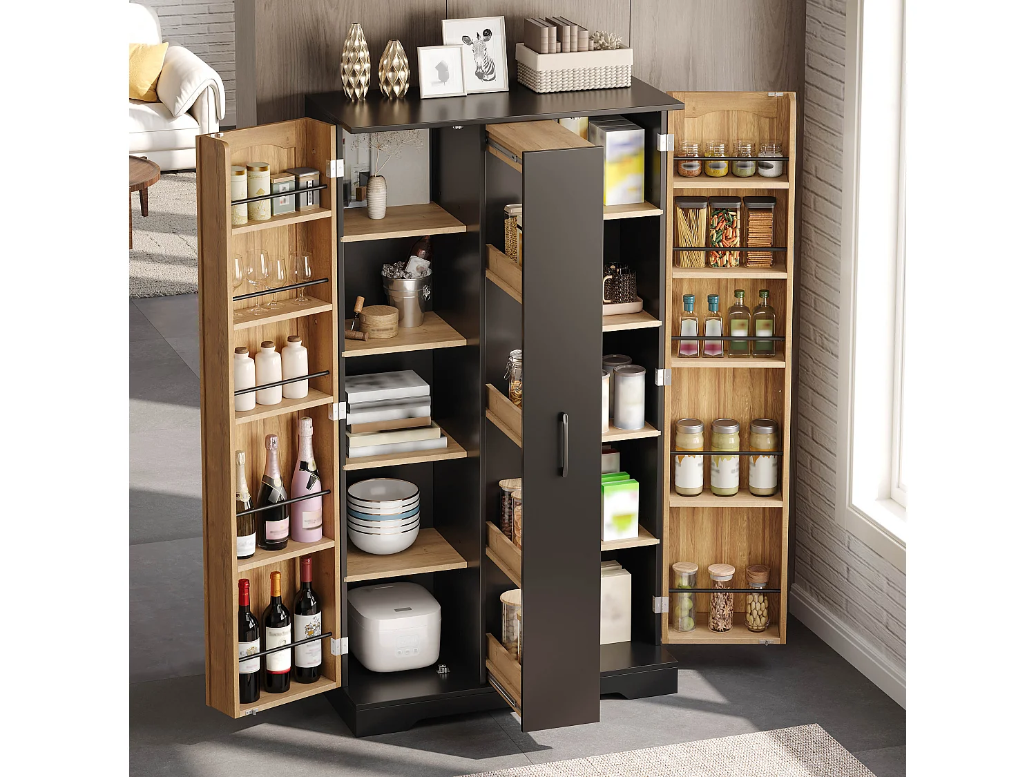 Kitchen sideboard with spice rack, 2 doors and 4-tier sliding storage - MDF - 78 x 40 x 150 cm - Black + natural