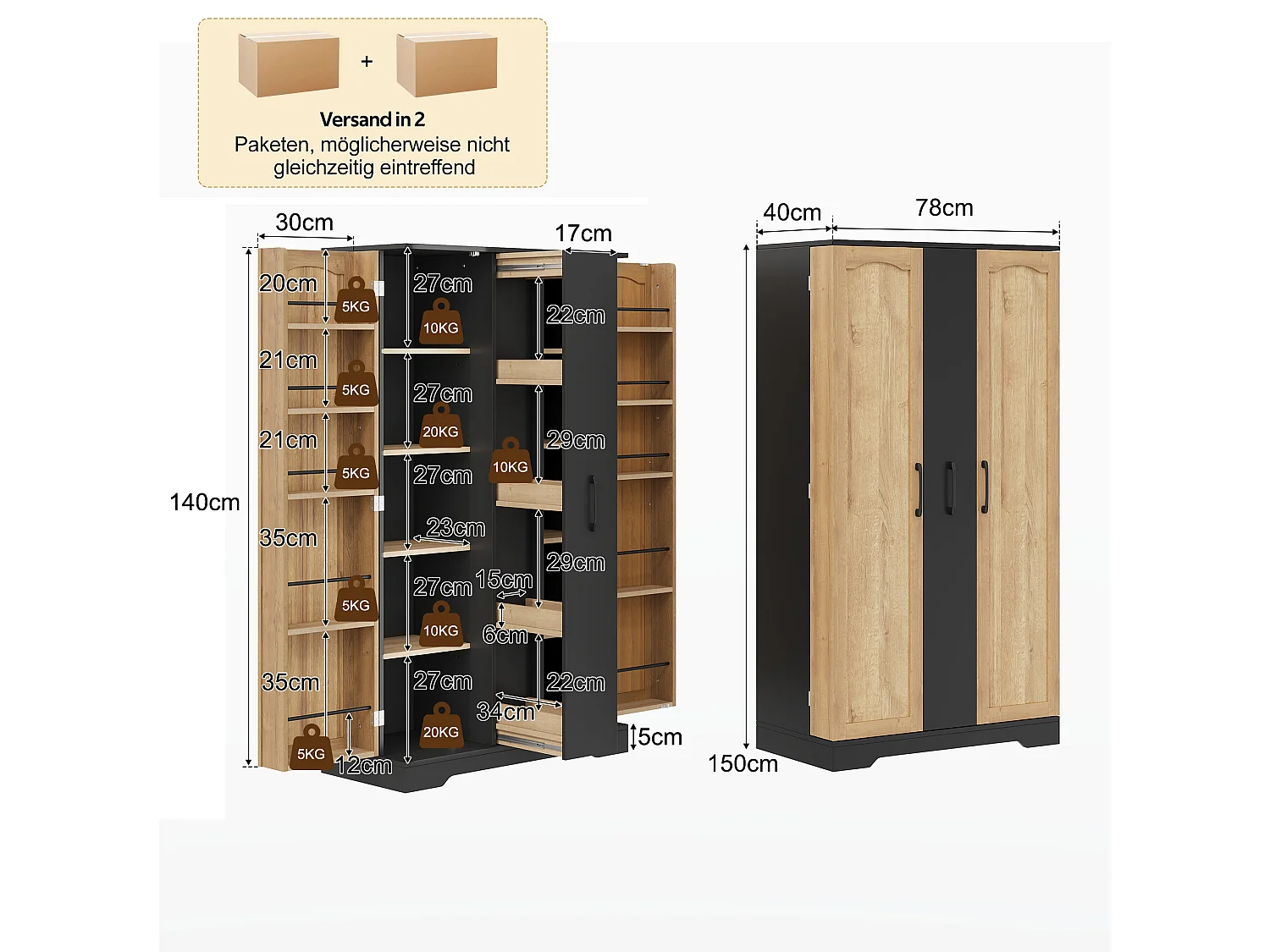 Kitchen sideboard with spice rack, 2 doors and 4-tier sliding storage - MDF - 78 x 40 x 150 cm - Black + natural