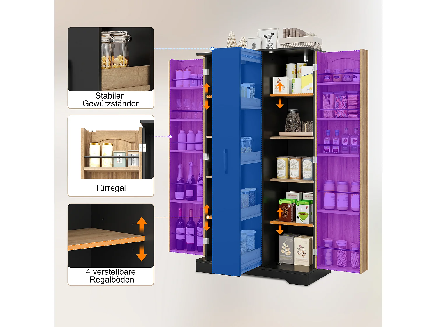 Kitchen sideboard with spice rack, 2 doors and 4-tier sliding storage - MDF - 78 x 40 x 150 cm - Black + natural